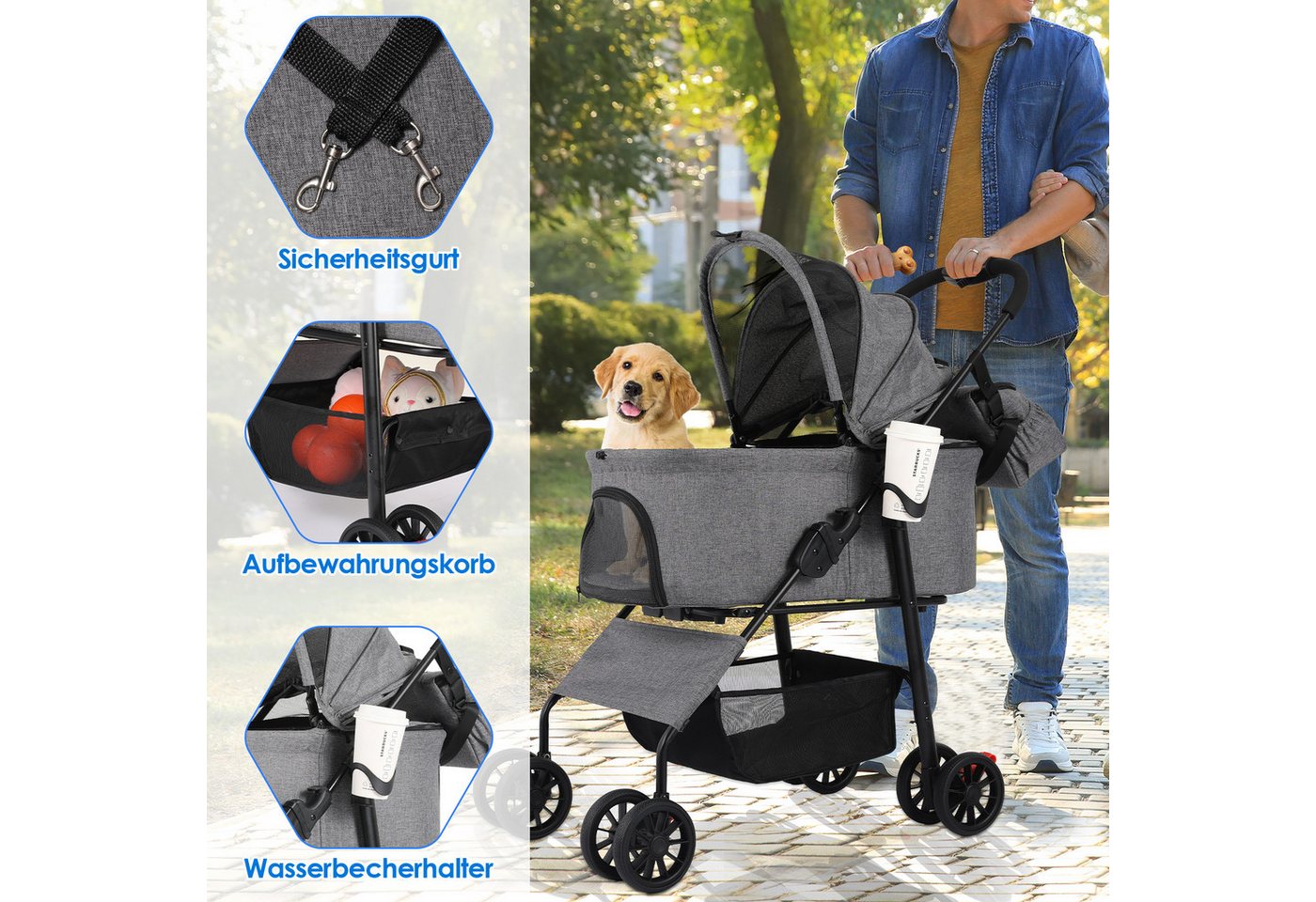 Thumbnail - TLGREEN Hundebuggy 3 in 1 bis 30 kg, Klappbar Hundebox Transporttasche,Tragbares Haustiernest
