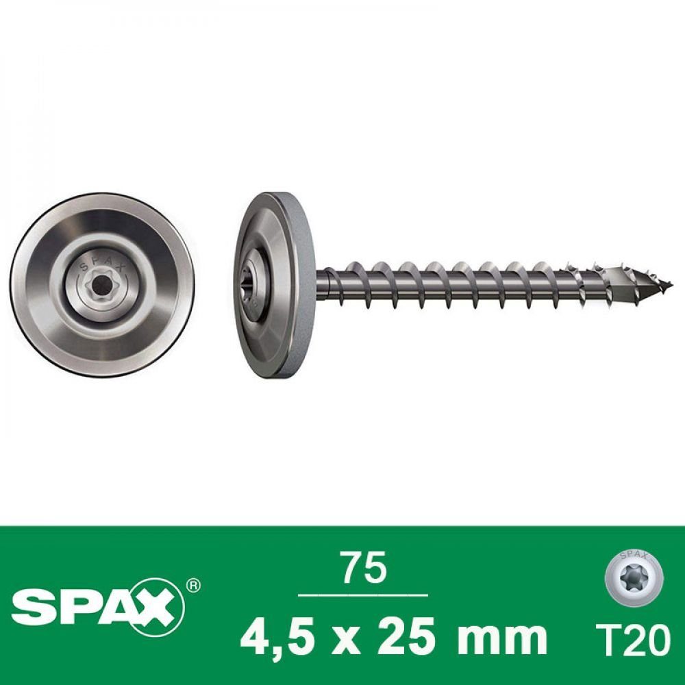 SPAX Spanplattenschraube SPAX Spenglerschraube A2 4,5x25 mm + Dichtscheibe 20 mm L, 75 Stück