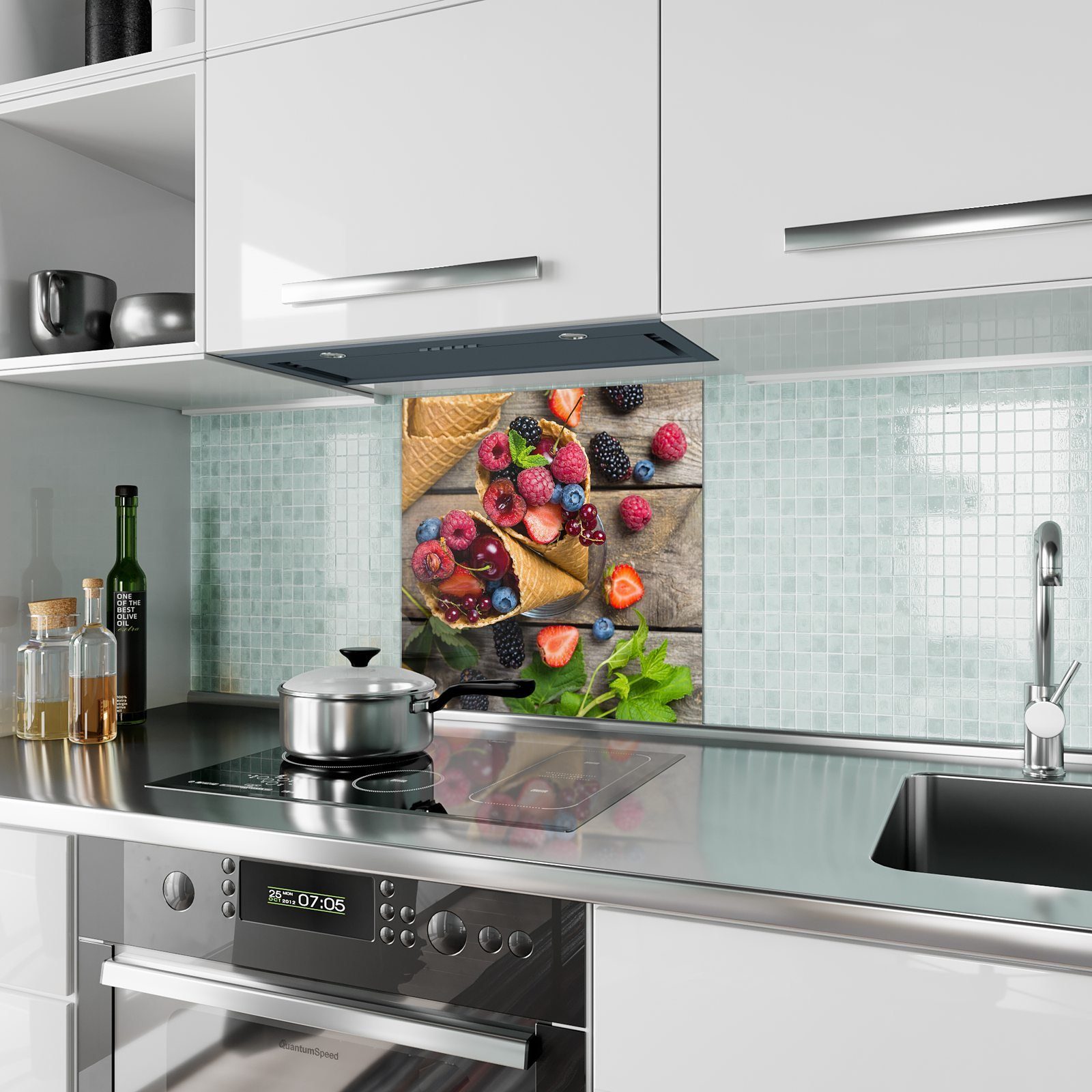 Motiv in Spritzschutz Beeren Glas mit Küchenrückwand Primedeco Waffeln Küchenrückwand