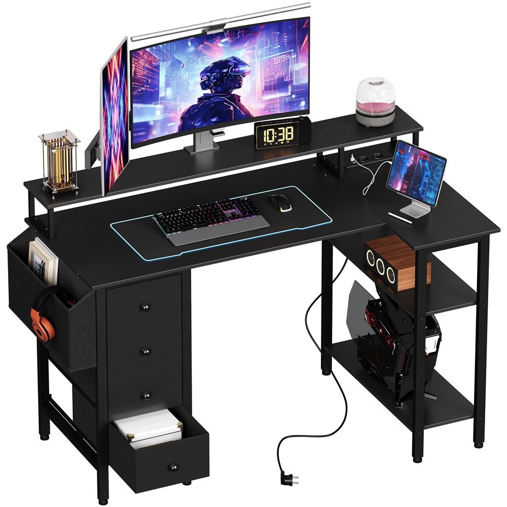 Yaheetech Computertisch L-förmiger Schreibtisch 120/140cm (B), mit Monitorhalterung & Steckdose & 4 Schubladen & Aufbewahrungstasche