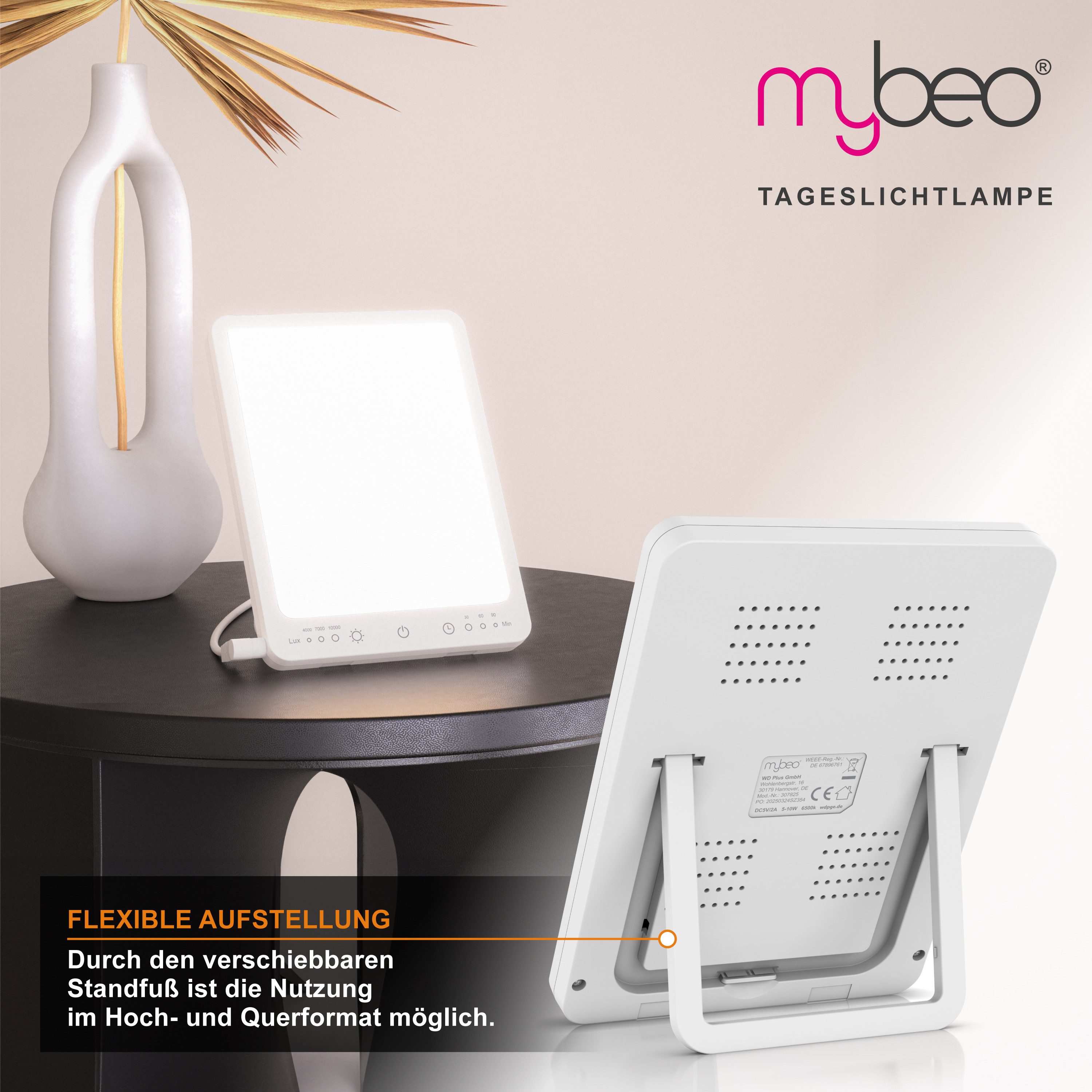 MyBeo Tageslichtlampe LED Lichttherapielampe, Tageslichtleuchte mit Standfuß, Lichtdusche, Dimmfunktion, verschiedene Lichtmodi, LED fest verbaut, Kaltweiß, Sim – Bild 4 von 5