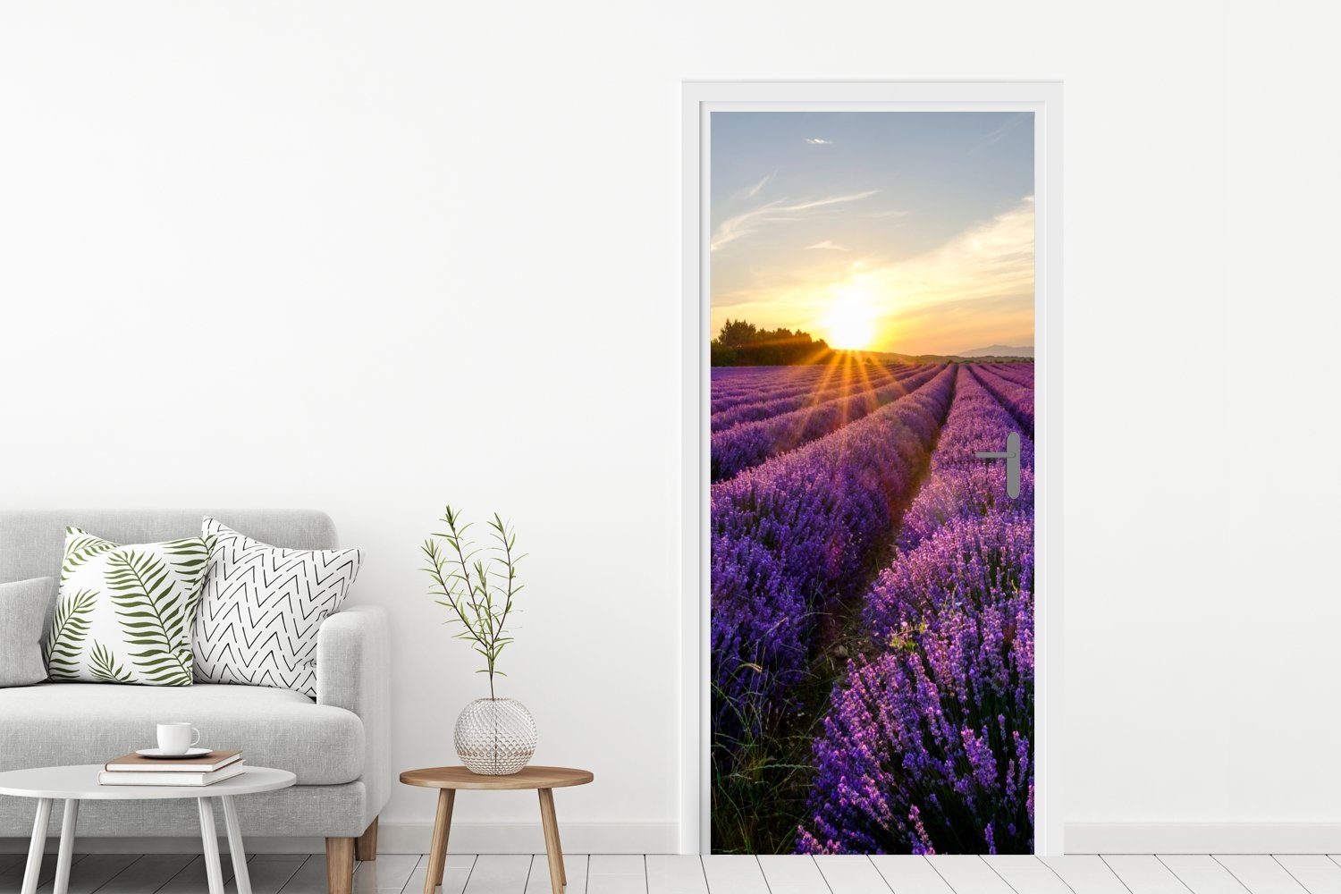 St), cm Lila, bedruckt, 75x205 - Blumen Lavendel Türaufkleber, Sonnenuntergang Fototapete für - MuchoWow (1 Tür, Türtapete - Matt,