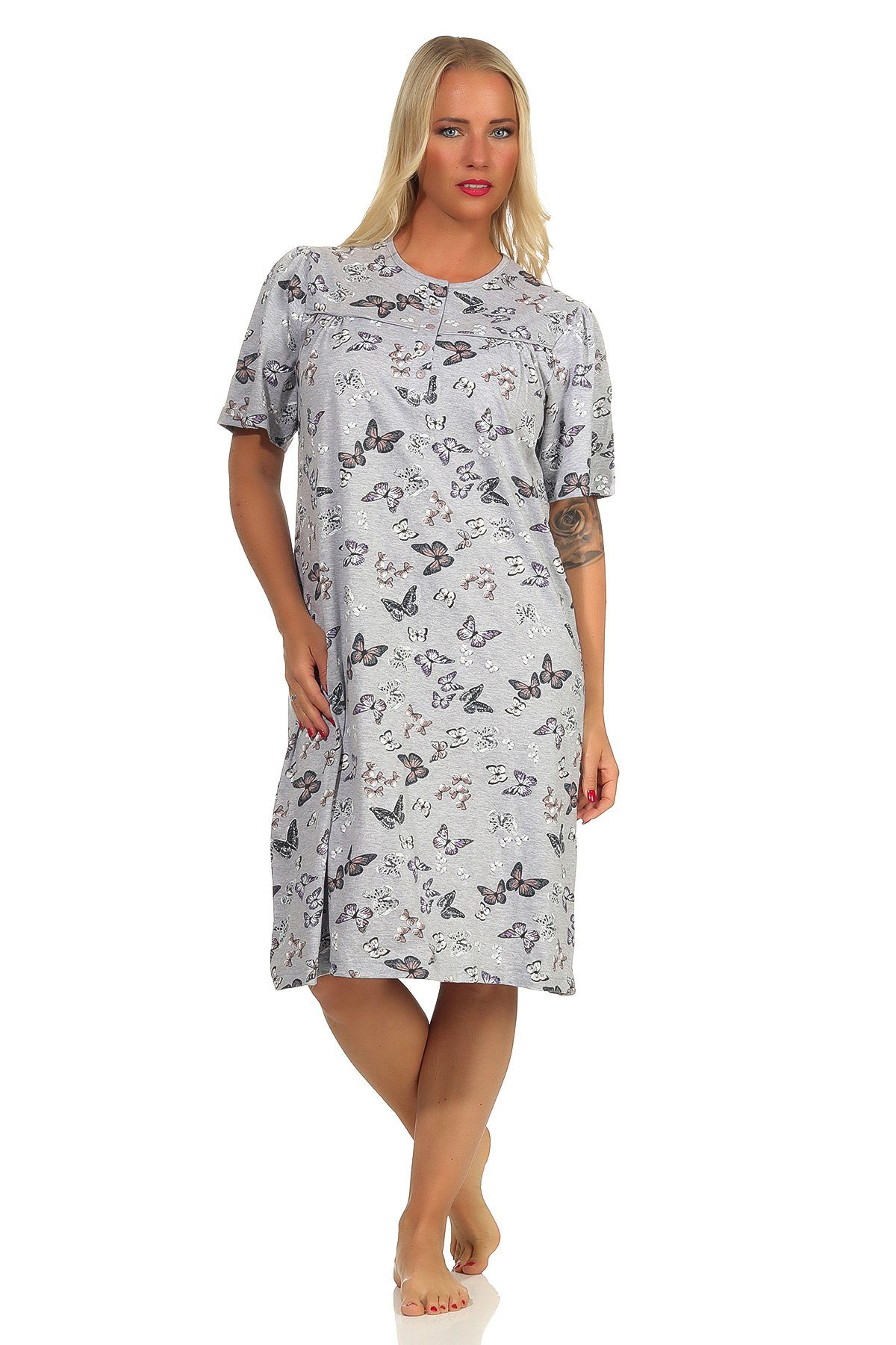 Normann Nachthemd Damen Nachthemd kurzarm Schmetterlinge Optik mit Knopfleiste am Hals grau