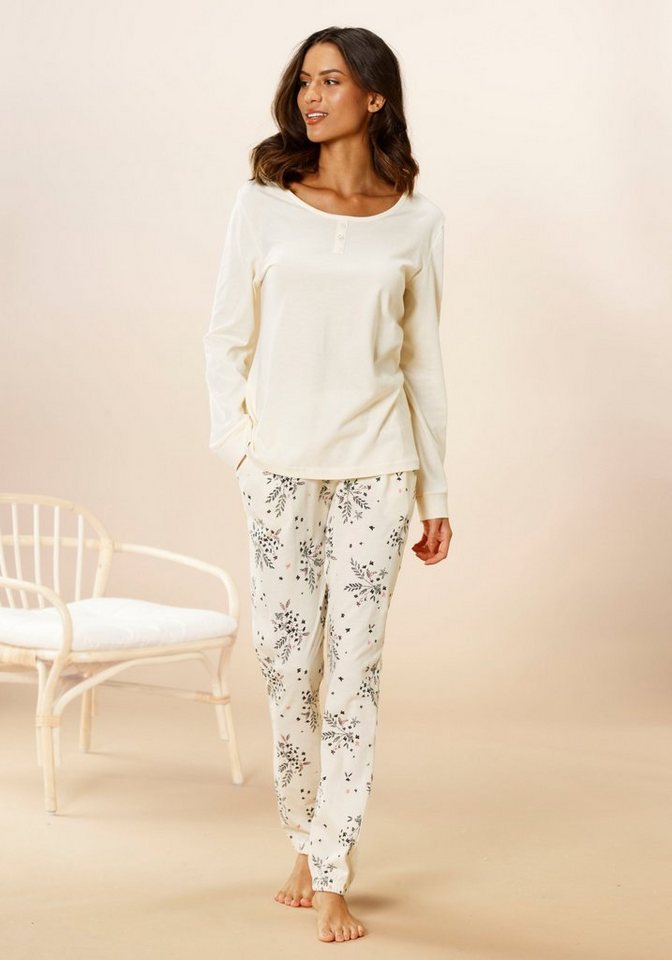 Vivance Dreams Pyjama (2 tlg., 1 Stück) mit Hortensien Muster, Lange,  gemusterte Hose mit seitlichen Eingrifftaschen und elastischen Beinsäumen