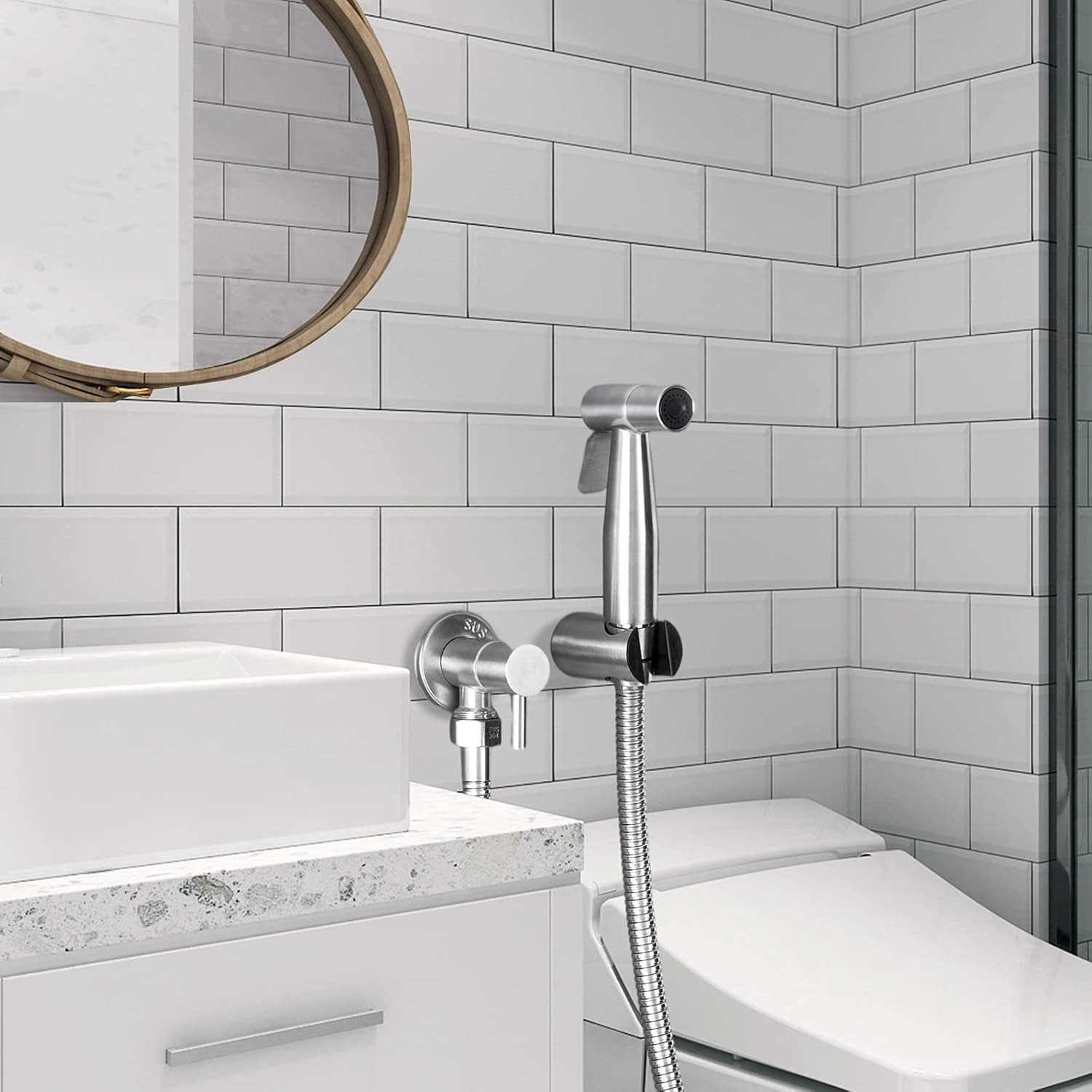Forrlite Bidetarmatur Bidet Set - WC Brause für Intimdusche (Set, Brause mit Brauseschlauch, Halterung, 2 Dichtungen und Montagematerial, Handbrause, Schlauch, Halter rostfreier Edelstahl - inkl. 2 Dichtungen)