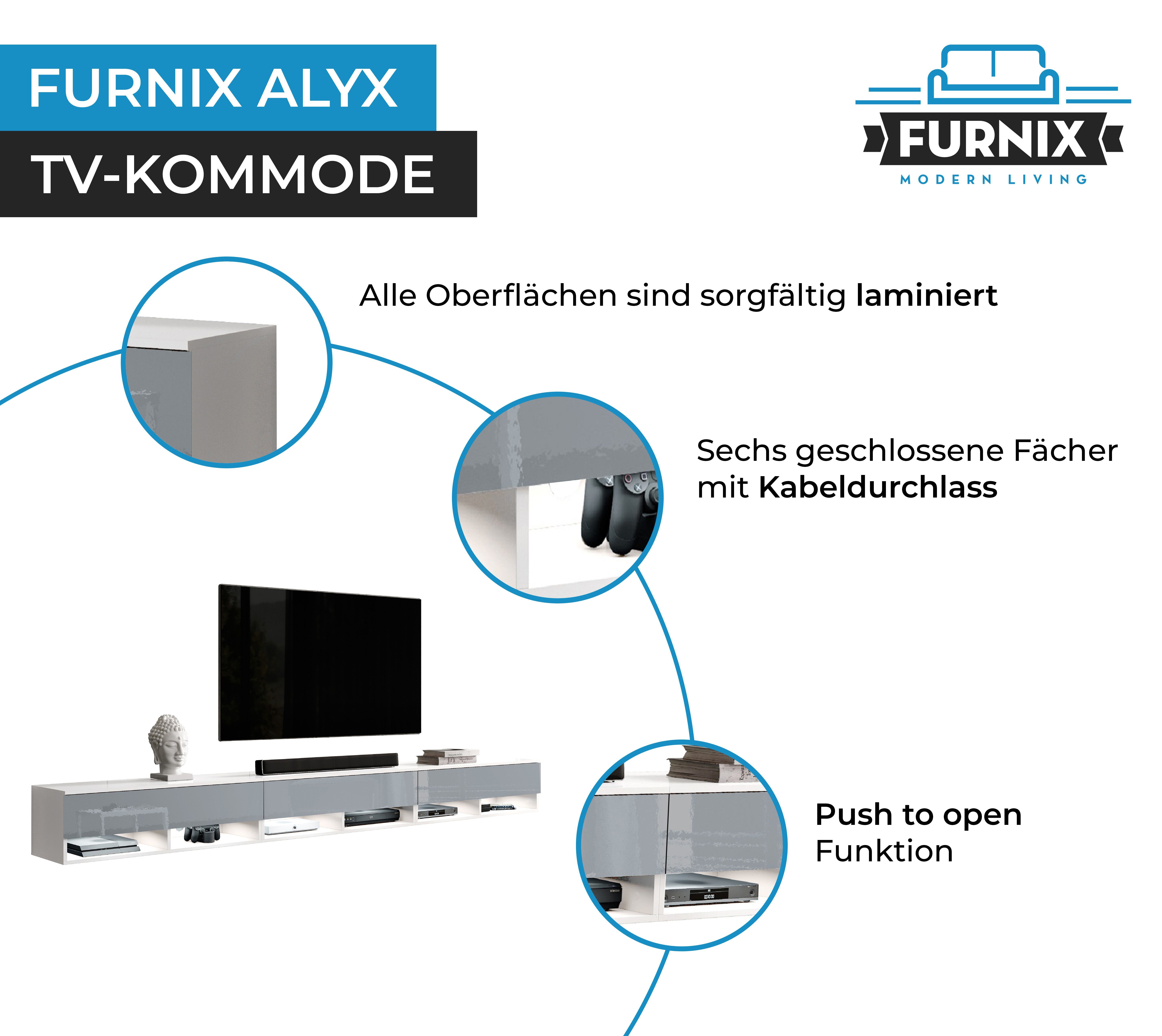 H34 mit Glanz Türen x ohne 3 B300 TV-Schrank Furnix Weiß/Grau LED 300 cm x ALYX TV-Kommode cm Lowboard T32