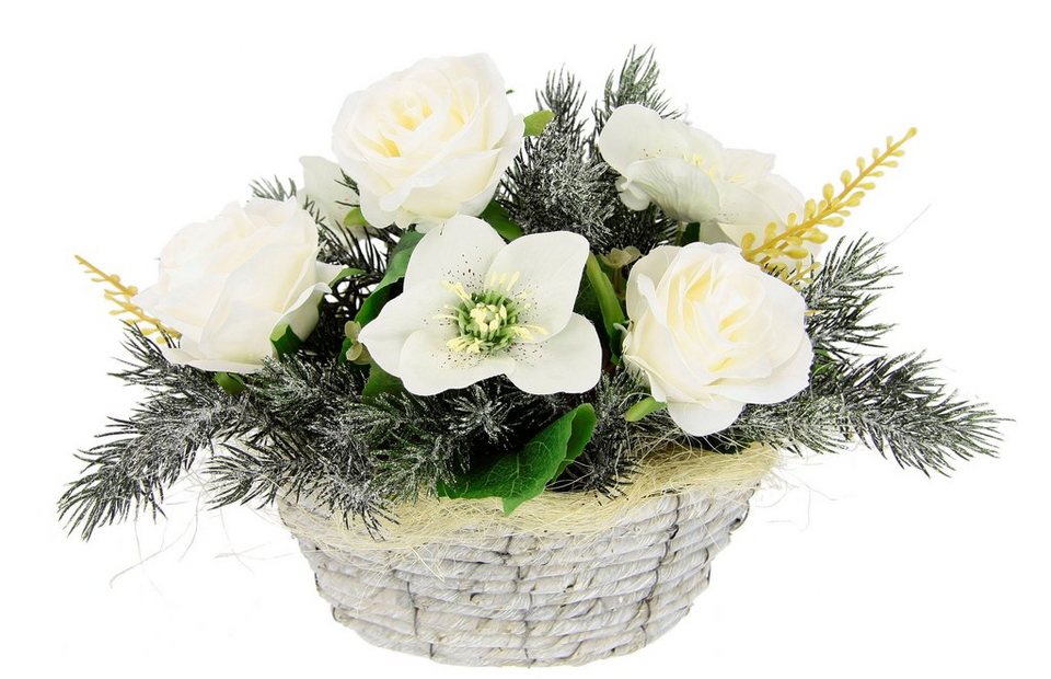 Kunstblume Arrangement, I.GE.A., Höhe 22 cm, Rosen und Christrose im Korb,  Blumengesteck