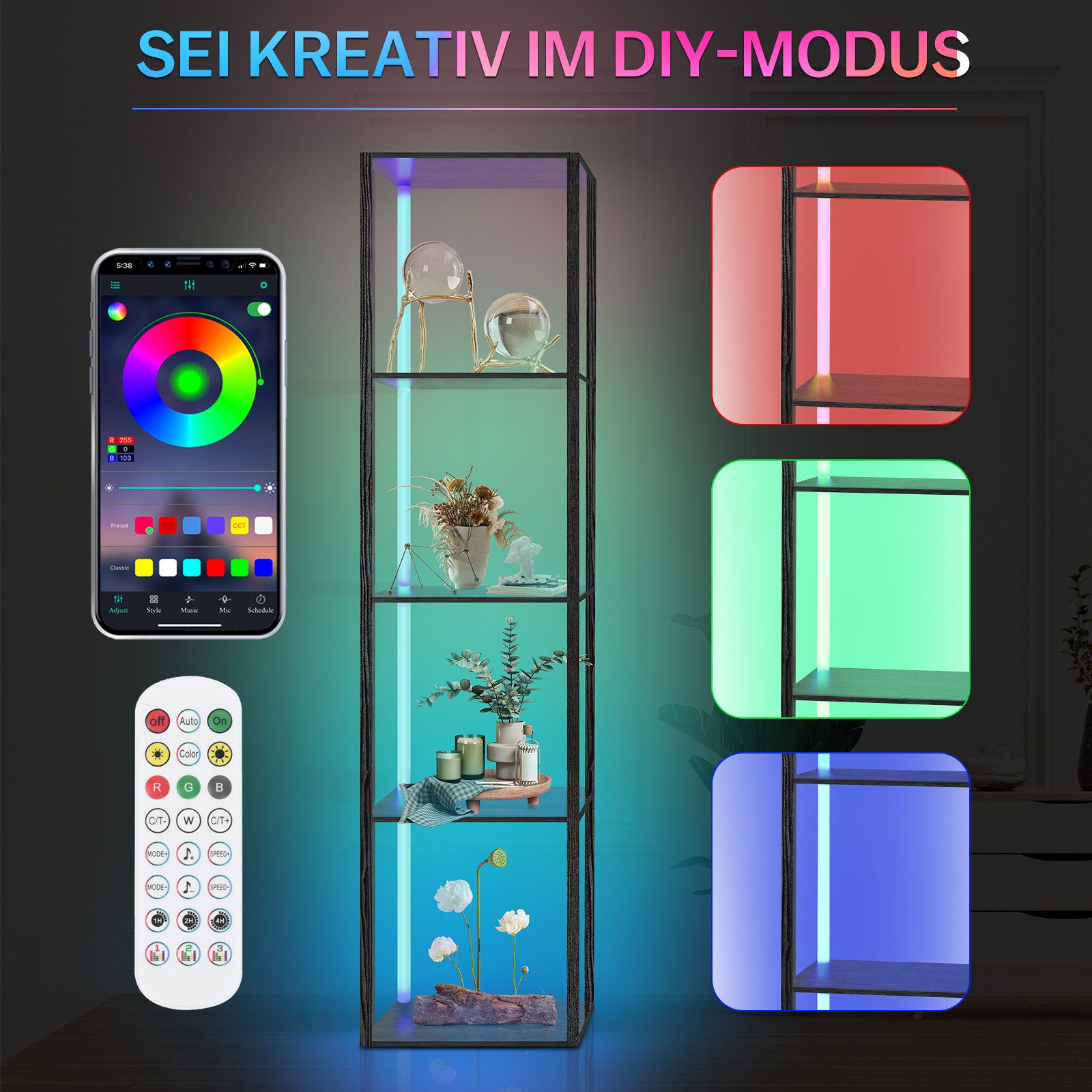 XIIW Standregal LED Dimmbar Bücherregal Standleuchte Sammlervitrine Stehend Eckregal, 5 Ebenen 160x39x29cm Einstellbarer LED-Beleuchtung, Holz Stehlampe für Bür – Bild 4 von 5