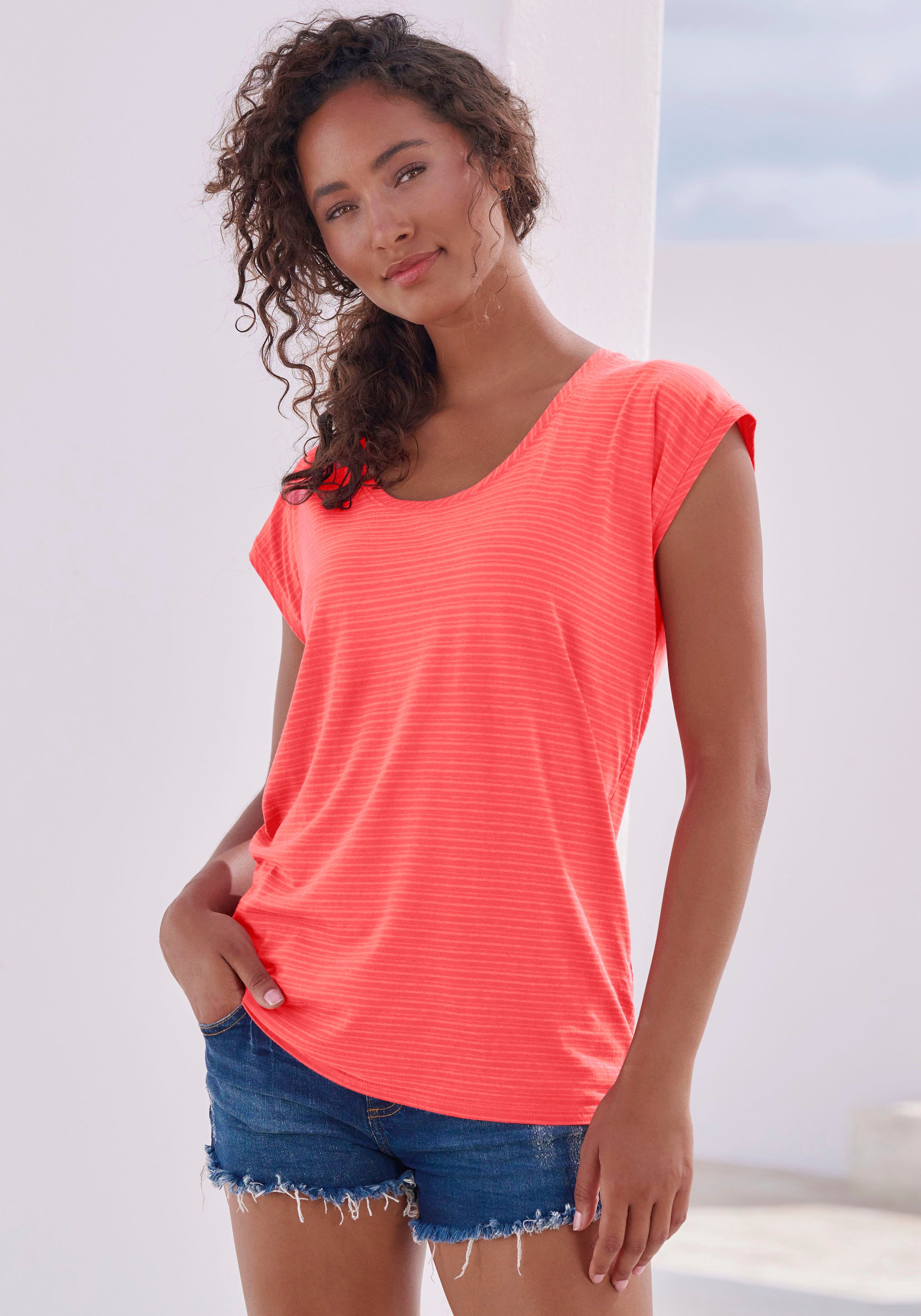 Beachtime Kurzarmshirt mit leicht transparenten Streifen (2er-Pack) aus weicher Baumwoll-Viskose-Qualität