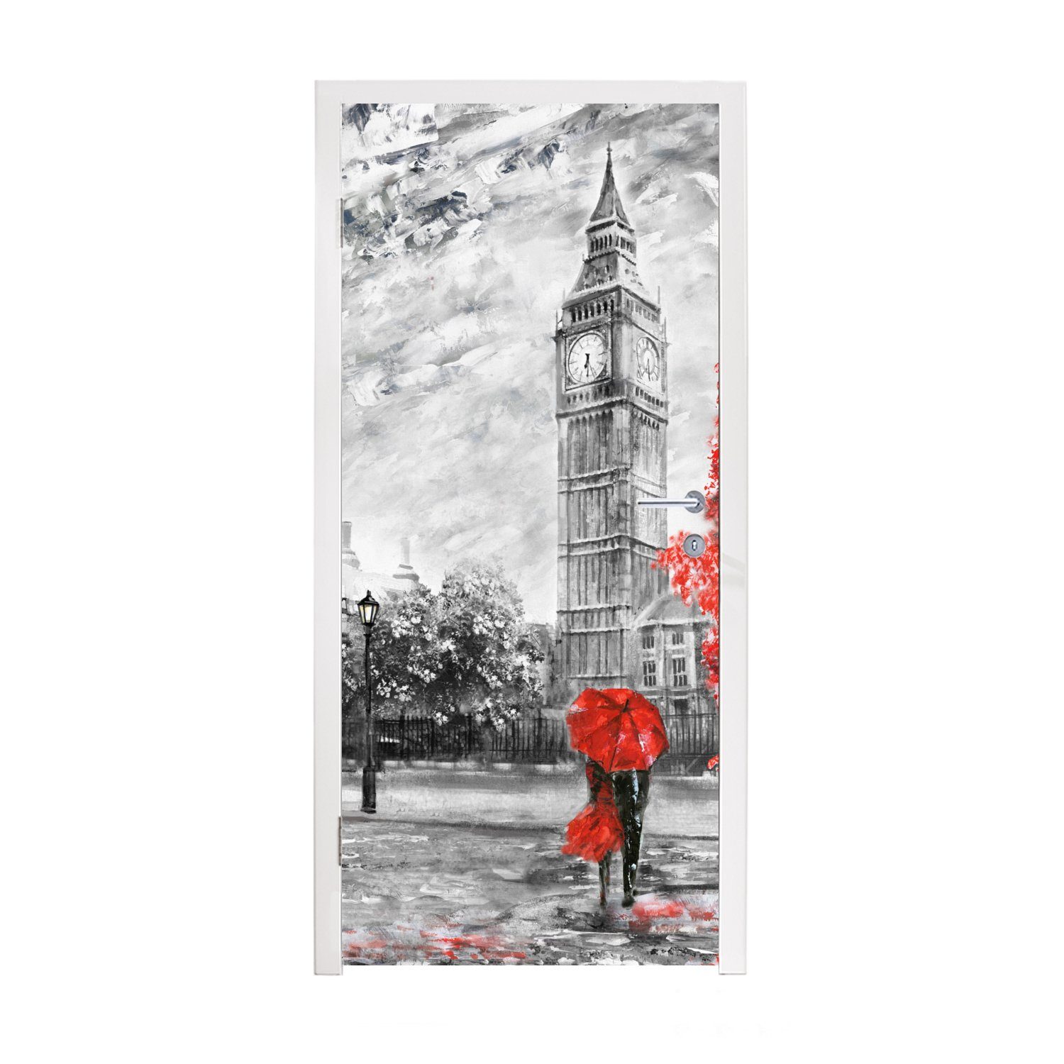 MuchoWow Türtapete Gemälde - Big Ben - Rot - Regenschirm, Matt, bedruckt, (1 St), Fototapete für Tür, Türaufkleber, 75x205 cm