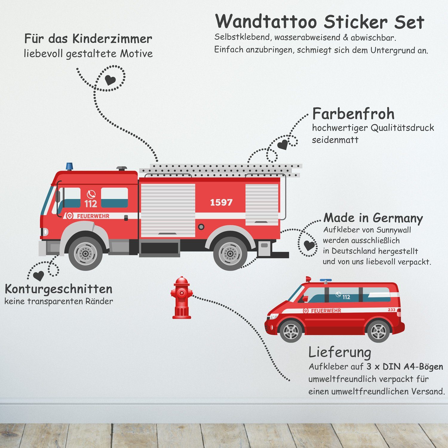Sunnywall Wandtattoo Feuerwehr Wandsticker Wandtattoo A4 (3 St), konturgesc günstig online kaufen