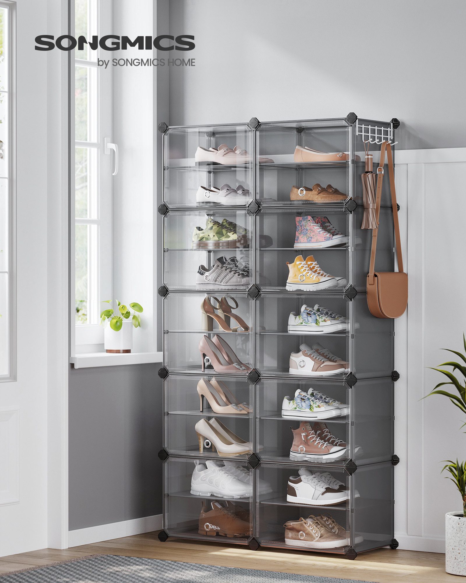 SONGMICS Schuhregal Schuhschrank, 30 x 40 x 30 cm pro Fach, für Flur, Eingangsbereich, mit 10 Fächern, mit Türen, für bis zu 40 Paar Schuhe, anpassbar