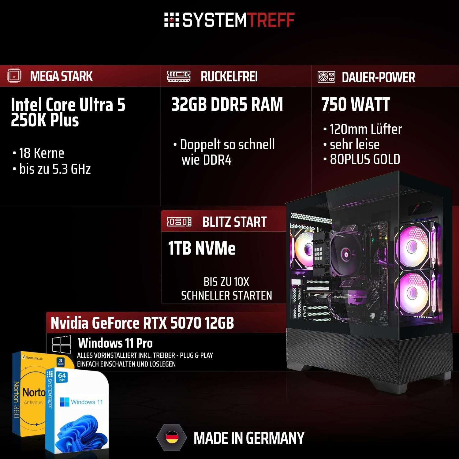 SYSTEMTREFF Intel Core Ultra 5 250K Plus mit Nvidia GeForce RTX 5070 12GB Gaming-PC (Intel 250K 250K, Nvidia GeForce RTX 5070, 32 GB RAM, 1000 GB SSD, Luftkühlung)