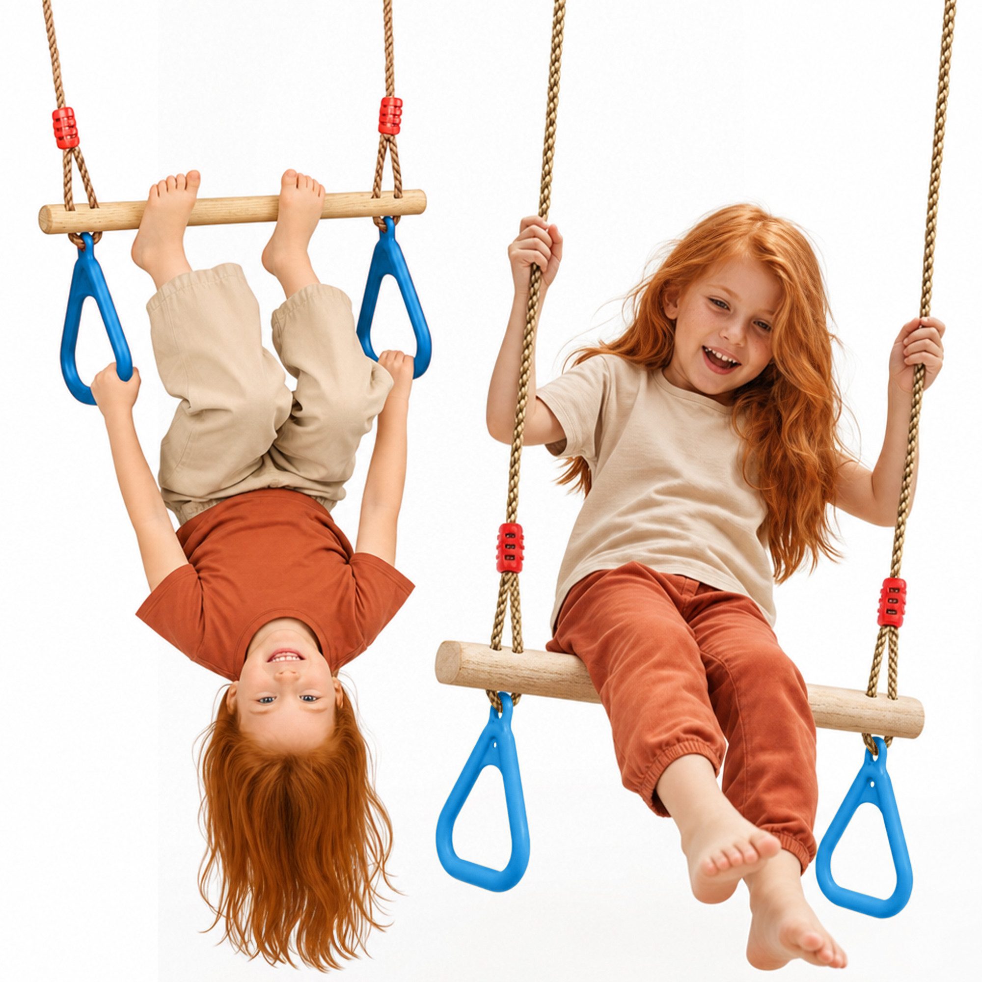 Goodevas Babyschaukelsitz Trapezstange mit Turnringen für Kinder – Holz-Schaukel, Höhenverstellbar 110–198 cm, für drinnen & draußen, einfache Montage