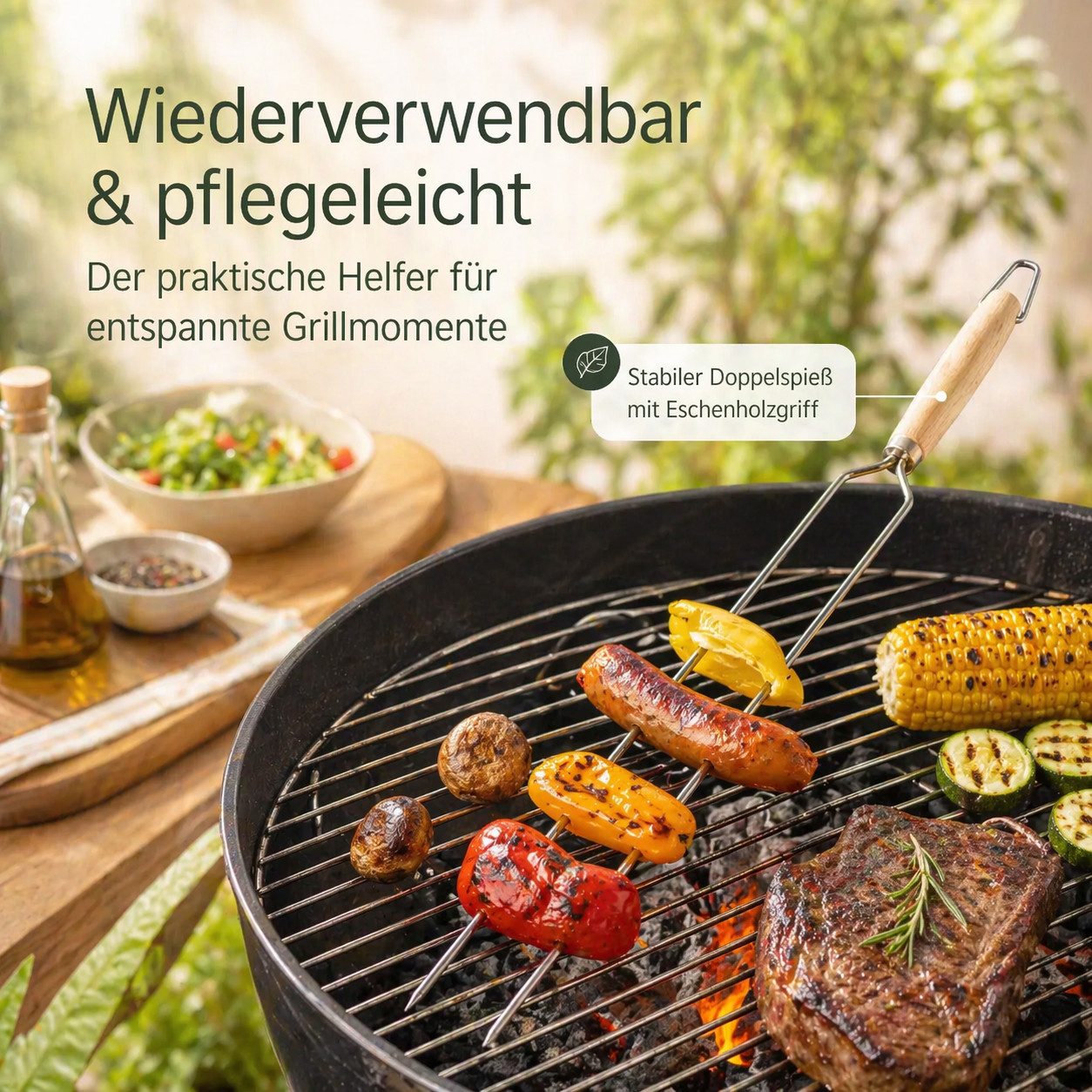 esschert design Grillspieß Bratenspieß aus Edelstahl mit Eschenholzgriff, Doppelspitze, 56 cm (1-St), Breiter Grillspieß