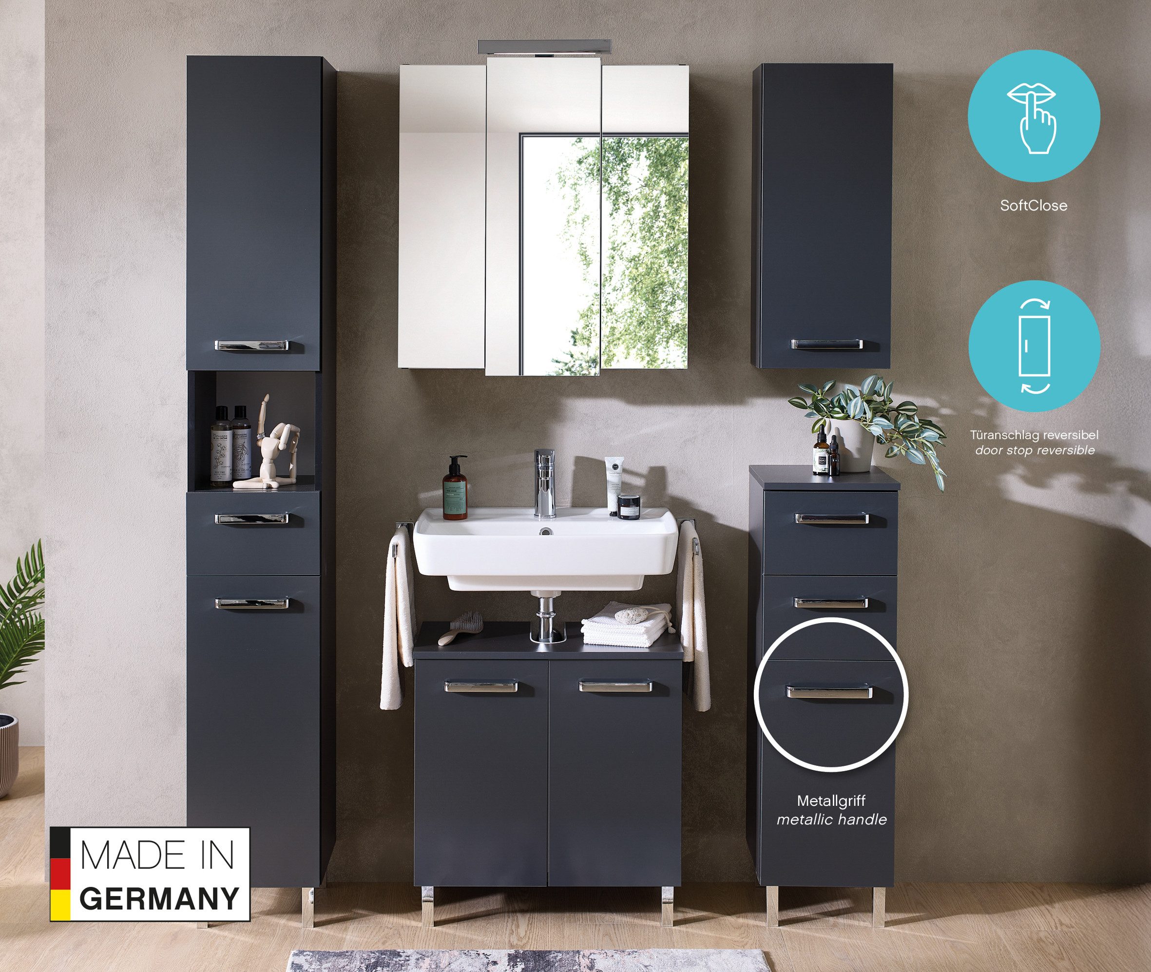 Saphir Unterschrank Quickset Badschrank mit 1 Tür, 2 Schubladen, 30 cm breit Badezimmer-Unterschrank inkl. Türdämpfer, Griffe in Chrom Glanz