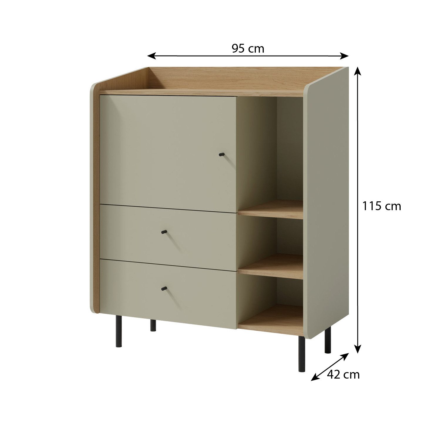 Beautysofa Kommode ALEX mit 1 Tür, 2 Schubladen und offenem Regal (erhältlich in zwei trendigen Farben- Eukalyptus oder Sandbeige), Breite: 95 cm