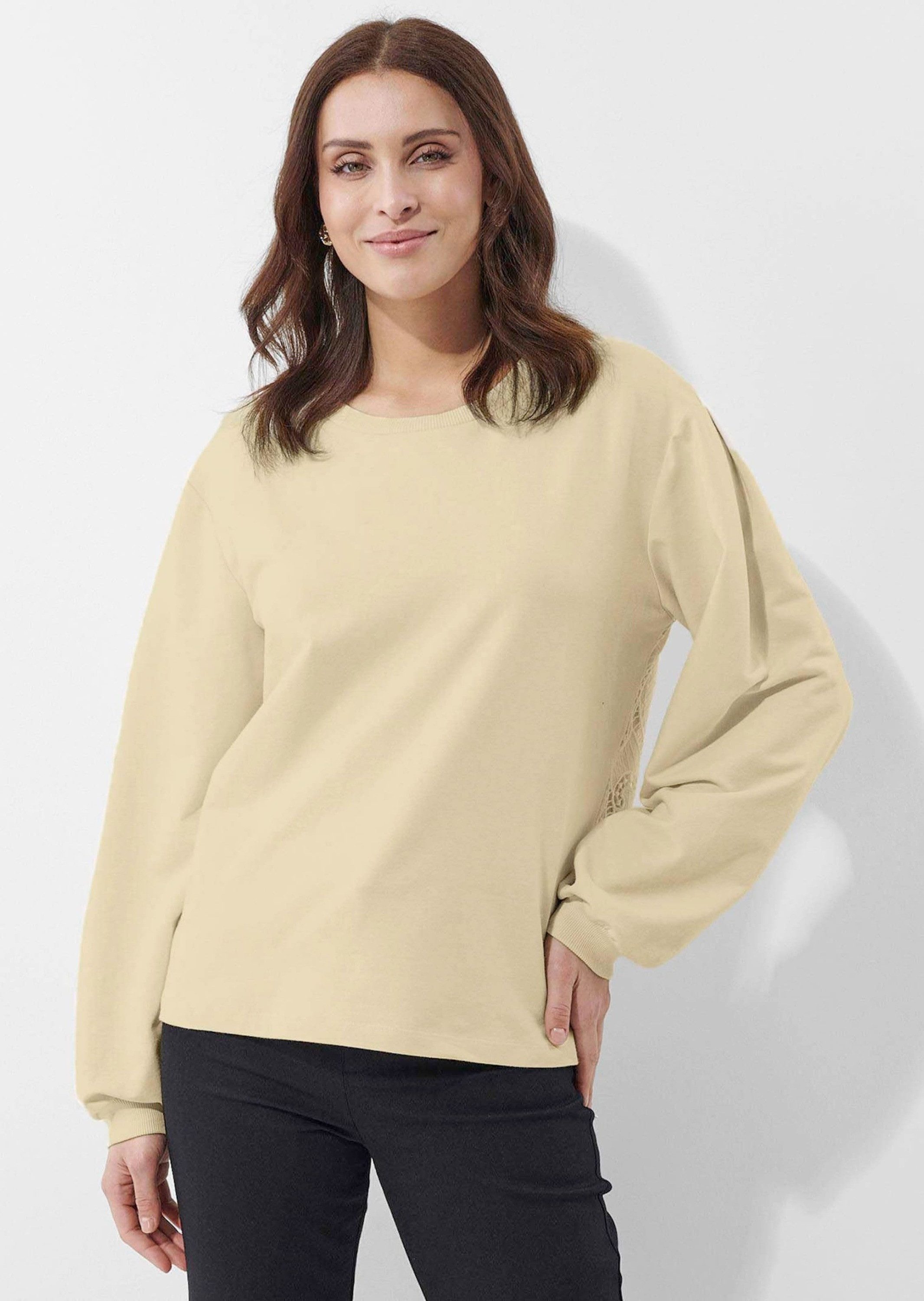 Alba Moda Strickpullover Edler Pullover mit Spitzeneinsatz Florale Spitze, runder Ausschnitt, ohne Verschluss