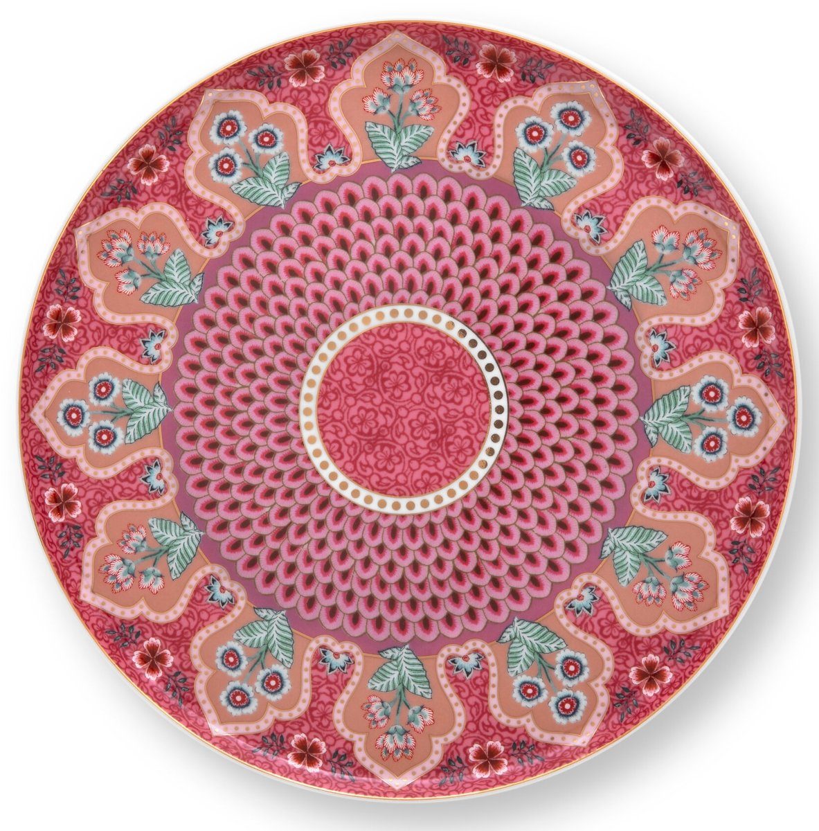 PiP Studio Servierplatte Flower Festival mini Kuchenpla. scal. dark p. 21cm, Porzellan, (Platten), Mini Cake Tray Flower Festival Scallop Deco Dark Pink 21cm