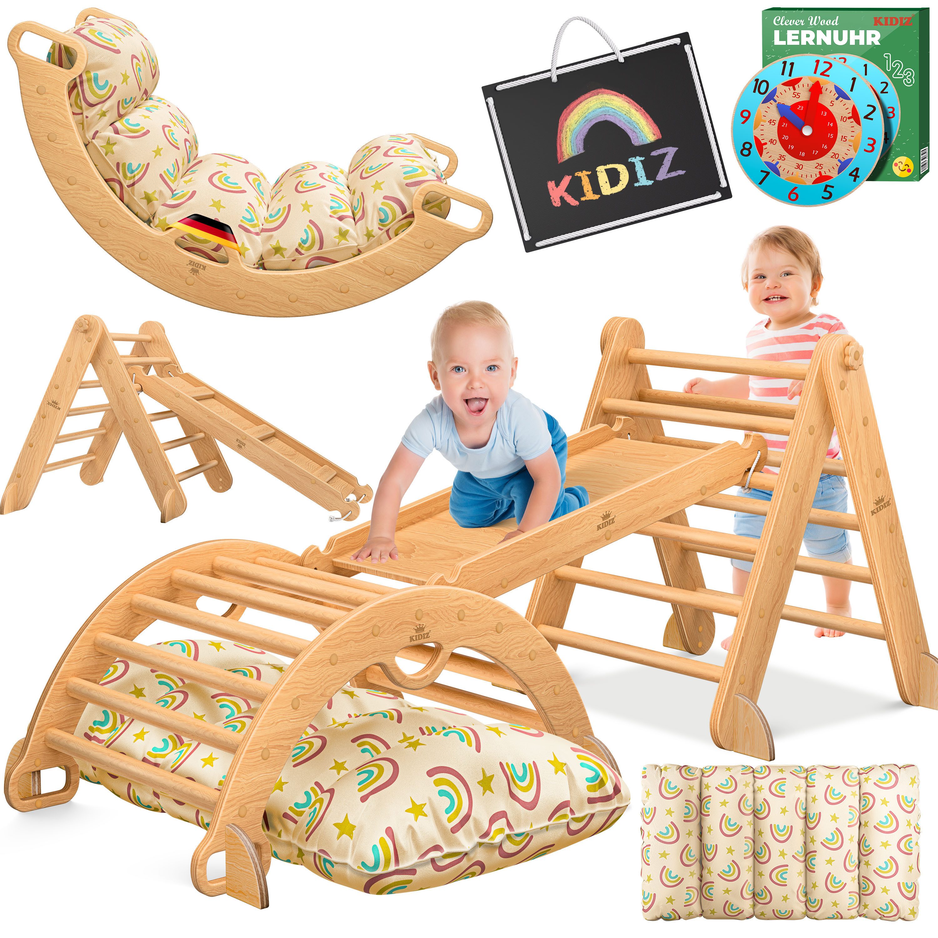KIDIZ Klettergerüst mit Kletterbogen Montessori 7in1 Spiel-Set aus Holz, (inklusive Rutsche, Kletterdreieck, Kissen, Tafel & Lern-Uhr), Indoor Spielplatz für Kleinkinder ab 1 Jahr & Kinder bis 3 Jahre