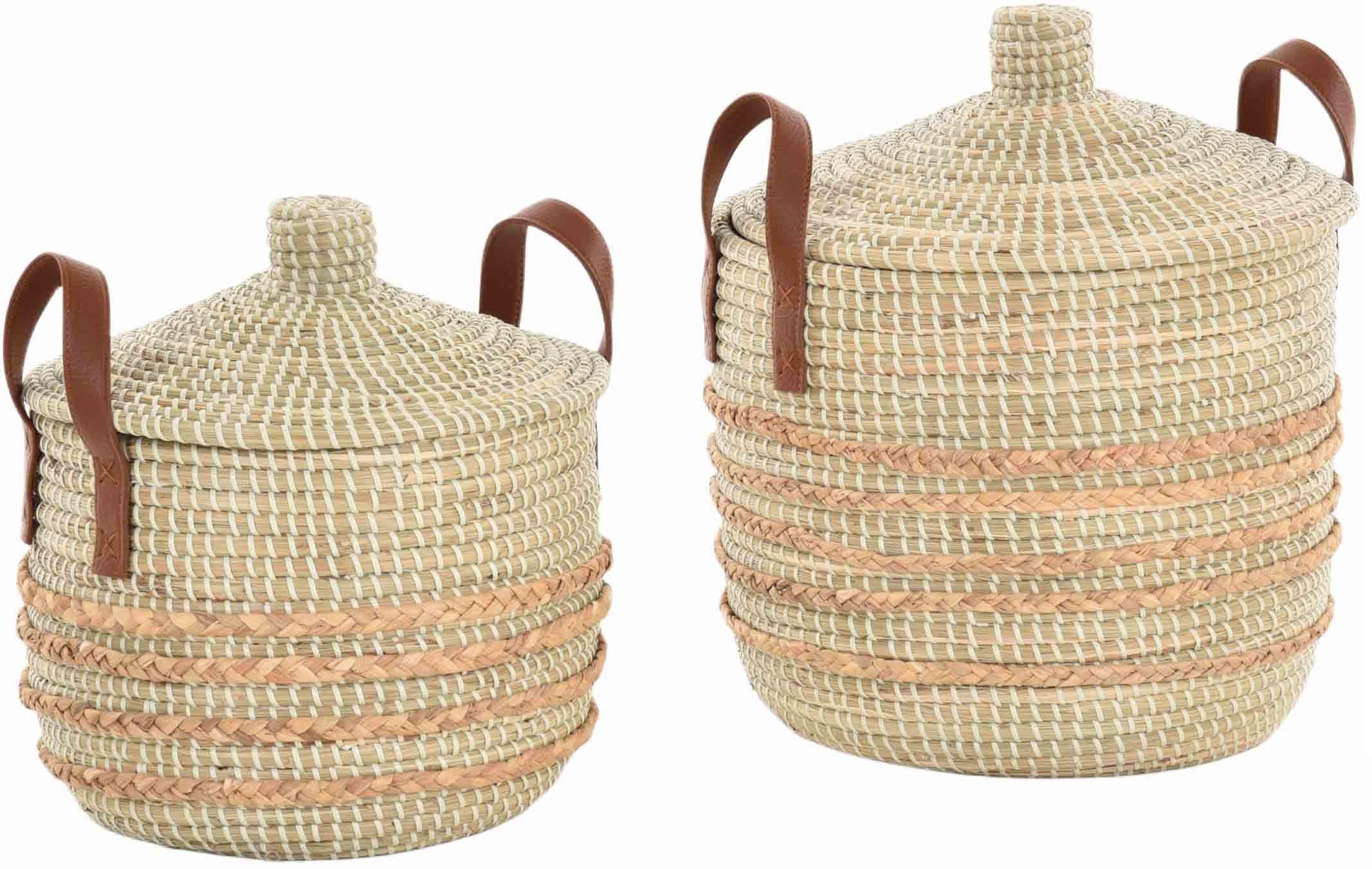 Krines Home Flechtkorb Handgearbeiteter Seegras Dekokorb mit Deckel zur Aufbewahrung Korb (2 St., und 2 Stück), Flechtkorb Natur Rund mit weißen Wicklungen und Zopfrand