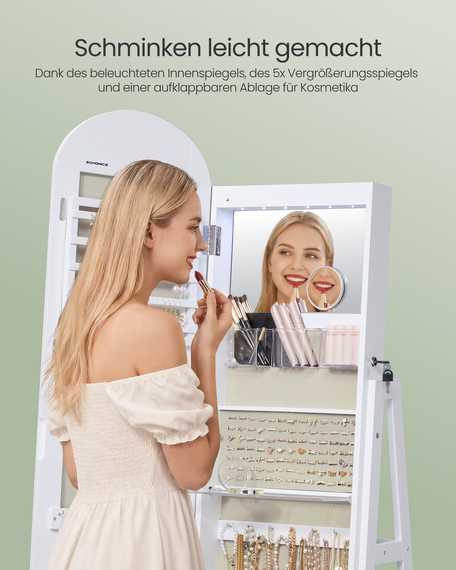 SONGMICS Schmuckschrank 360° drehbar, Schmuckaufbewahrung LED-Beleuchtung, Ganzkörperspiegel Ganzkörperspiegel Schublade Innenspiegel Vergrößerungsspiegel – Bild 4 von 5