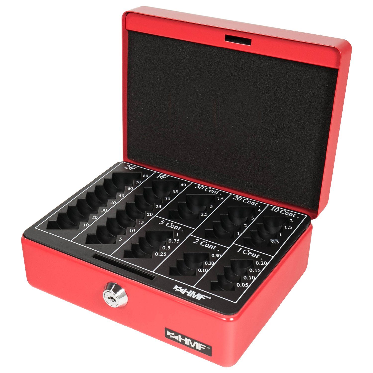 HMF Geldkassette Abschließbare Bargeldkasse mit Schlüssel, rot 20x16x9 Geldbox mit Münzzählbrett, cm robuste