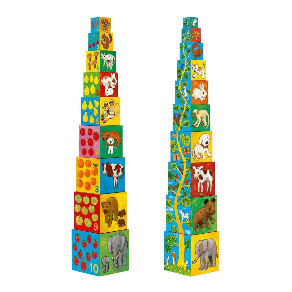 DJECO Stapelspielzeug Stapelturm mit 10 vielseitigen Würfeln und tollen Motiven