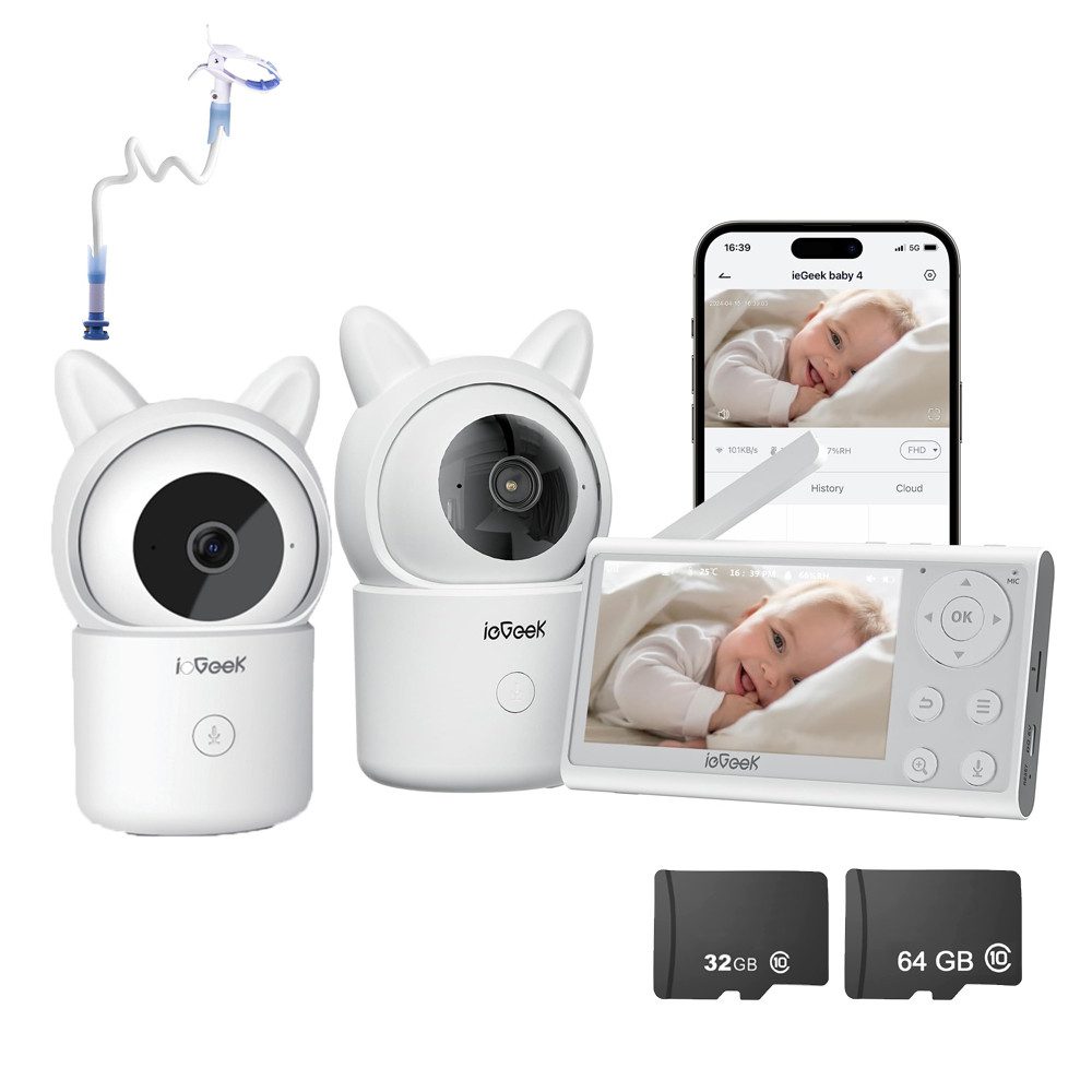 Video-Babyphone Babyphone mit 2 Kameras 4.3 Zoll, 1080P Video Babyphone mit Halterung