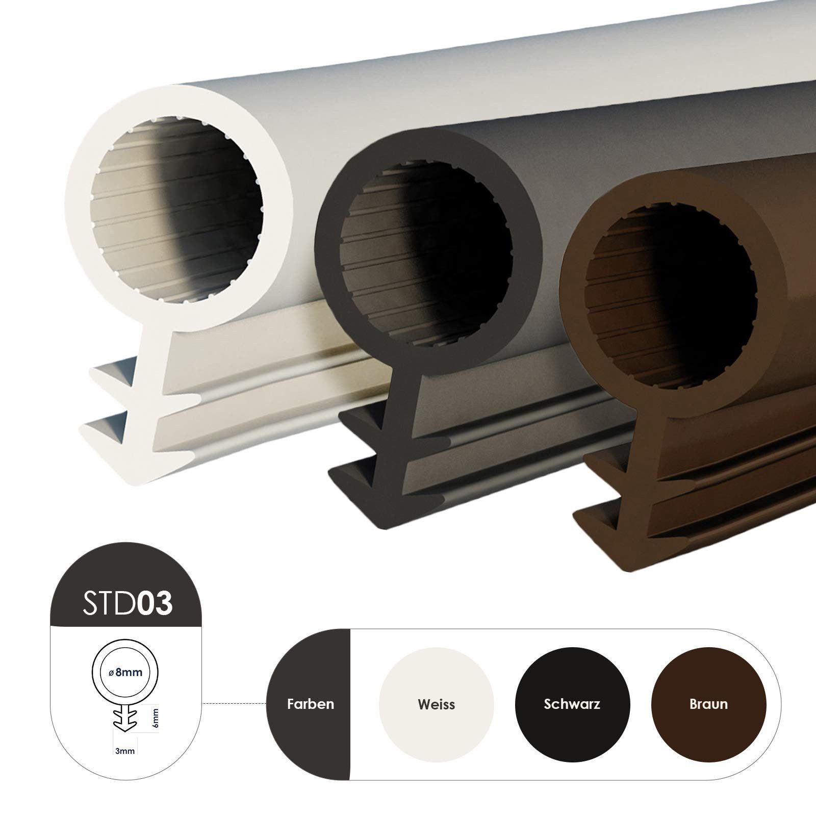 DQ-PP Türdichtband DQ-PP SCHLAUCHDICHTUNG, 50m, STD-03, Gummidichtug, Zargendichtung, TPE Gummi Türdichtung, Schlauchdurchmesser: 8mm Nutbreite: 3mm