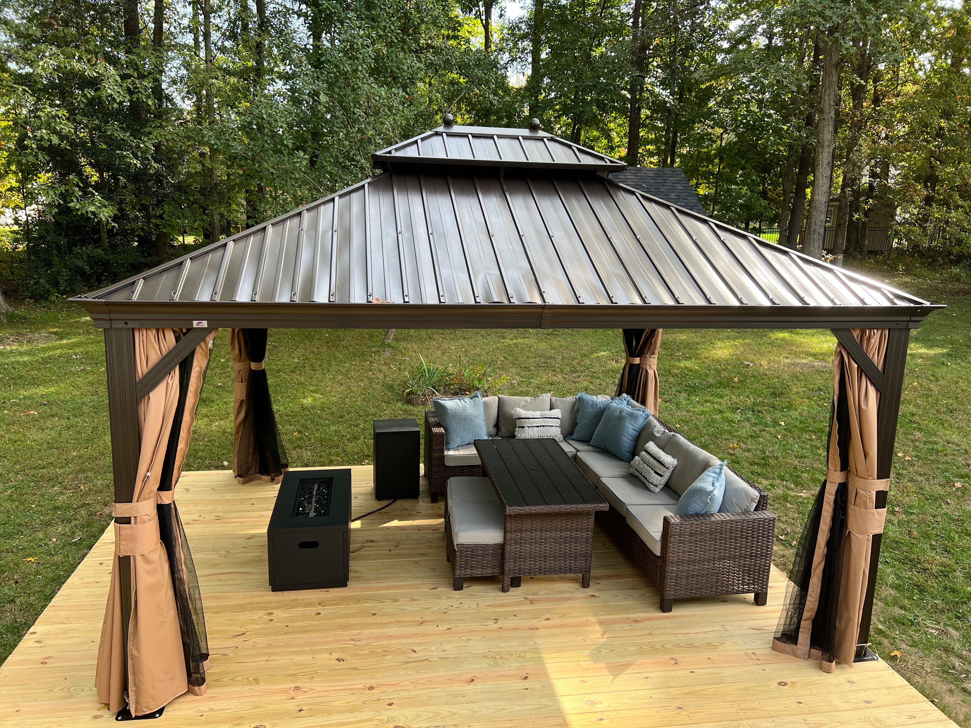 PURPLE LEAF Pavillon Hardtop Alu Gartenpavillon mit Seitenteilen und LED-Beleuchtung, (1 Pavillon + LED-Licht, Vorhängen und Moskitonetz), Wasserdicht, UV-beständig, Privatsphärenschutz