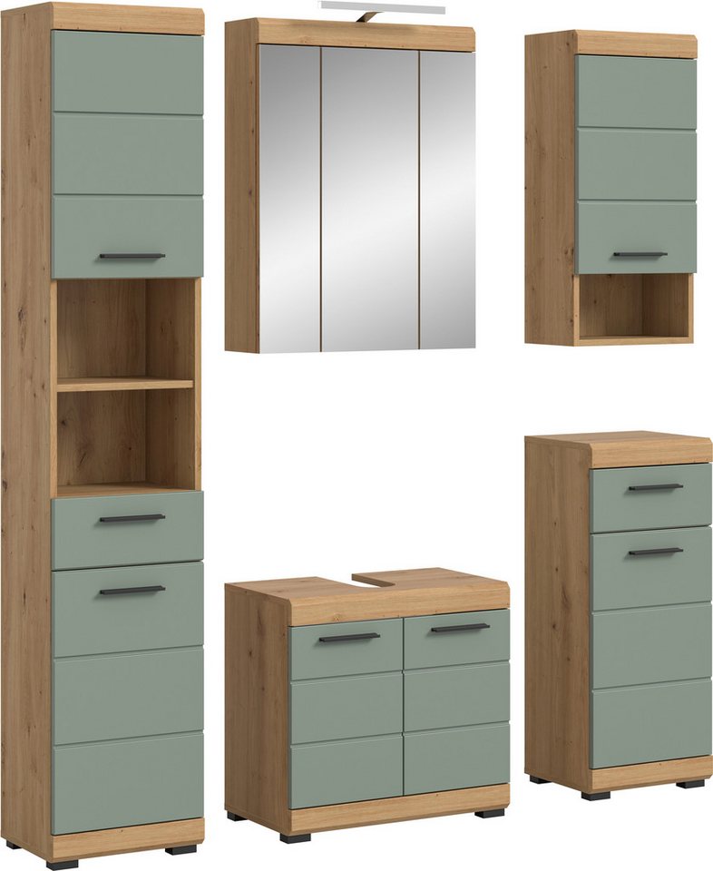 welltime Badmöbel-Set SIENA, 5 teilig, inklusive LED Beleuchtung, bestehend aus:, (Set, 5-St., TOPSELLER), Hochschrank, WBU, Spiegelschrank, Unterschrank, Hängeschrank