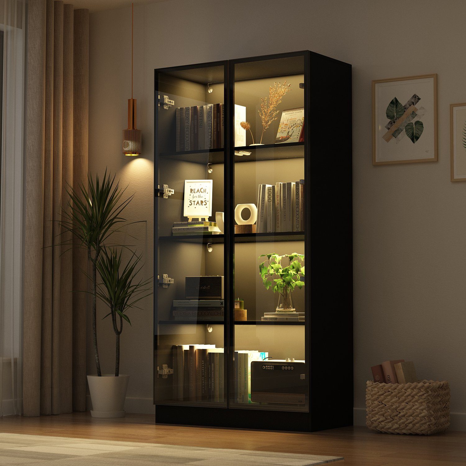 FUFU&GAGA Vitrine Vitrinenschrank mit Glastüren und Beleuchtung 160 CM