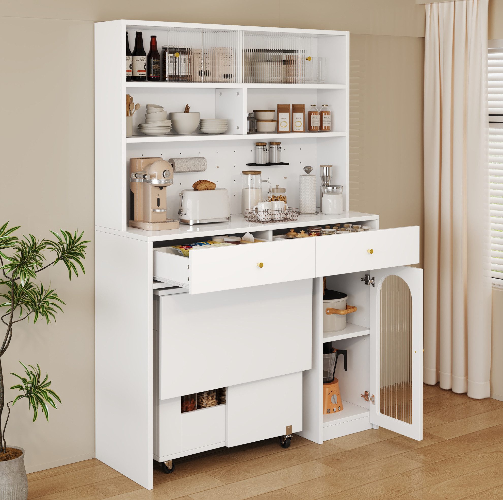 MODFU Barschrank Kompaktes Möbelset mit Hochschrank & Klapptisch (Packung, 1-St., Weiß & Natur, MDF, 60 kg Tragkraft, für Küche & Esszimmer) Schrank 120×45×180 cm, Tisch 120×75×75 cm