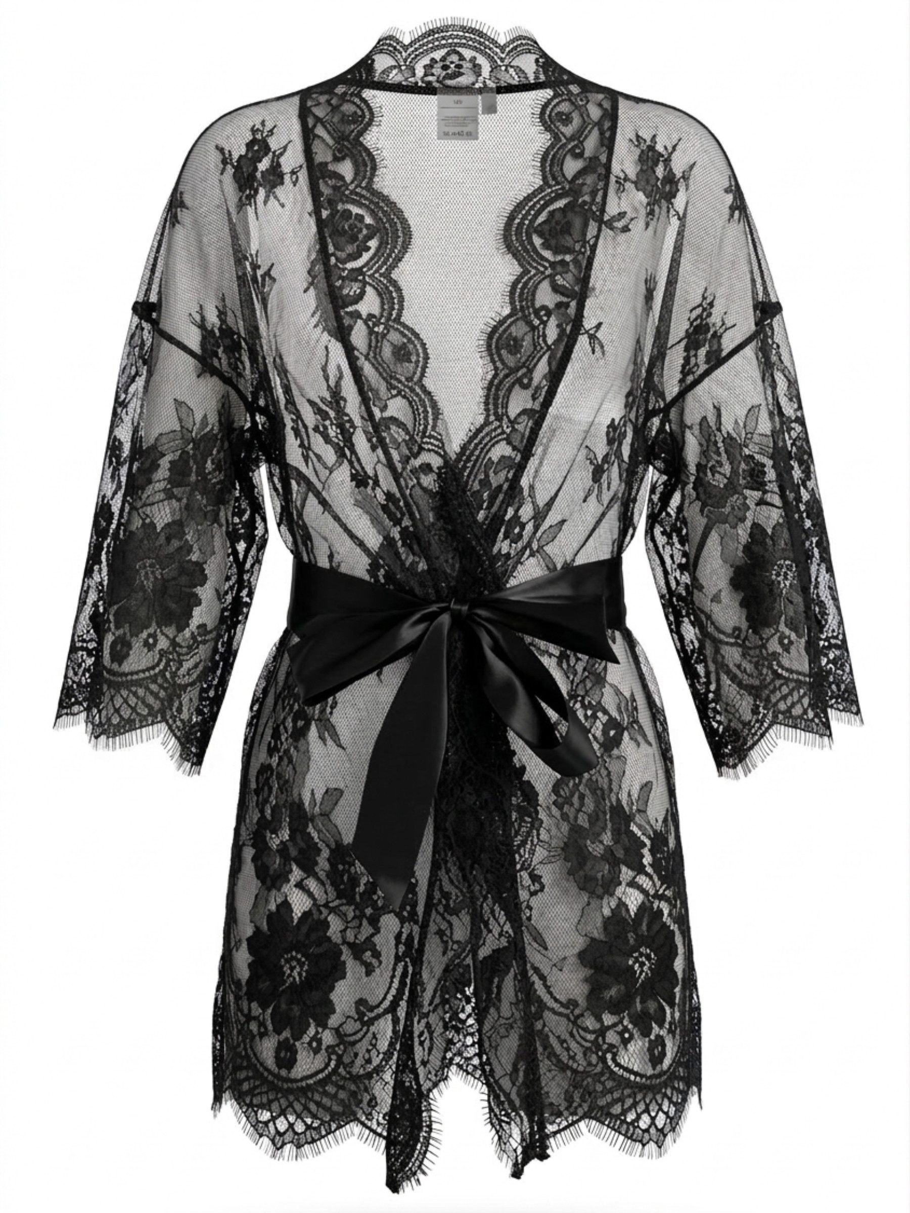Elegant Love Morgenmantel Sexy Damen-Nachtwäsche – Transparenter Kimono mit Satin-Bindegürtel, Negligé-Robe aus Spitze, Zum Binden, Lingerie: Boudoir-Robe mit floralem Muster und tiefem V-Ausschnitt