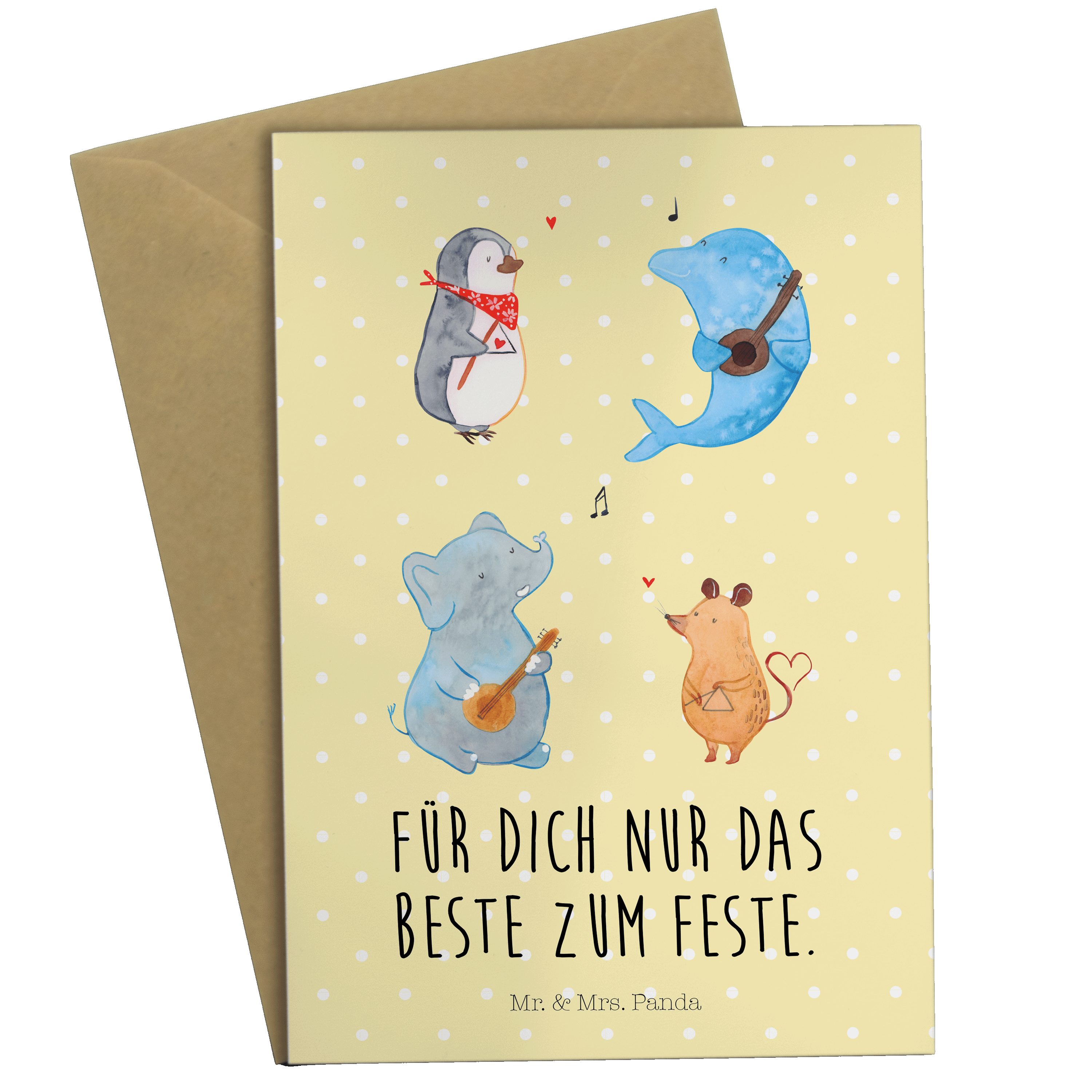 Mr. & Mrs. Panda Grußkarte Big Band - Gelb Pastell - Geschenk, Geburtstagskarte, Klappkarte, Ein