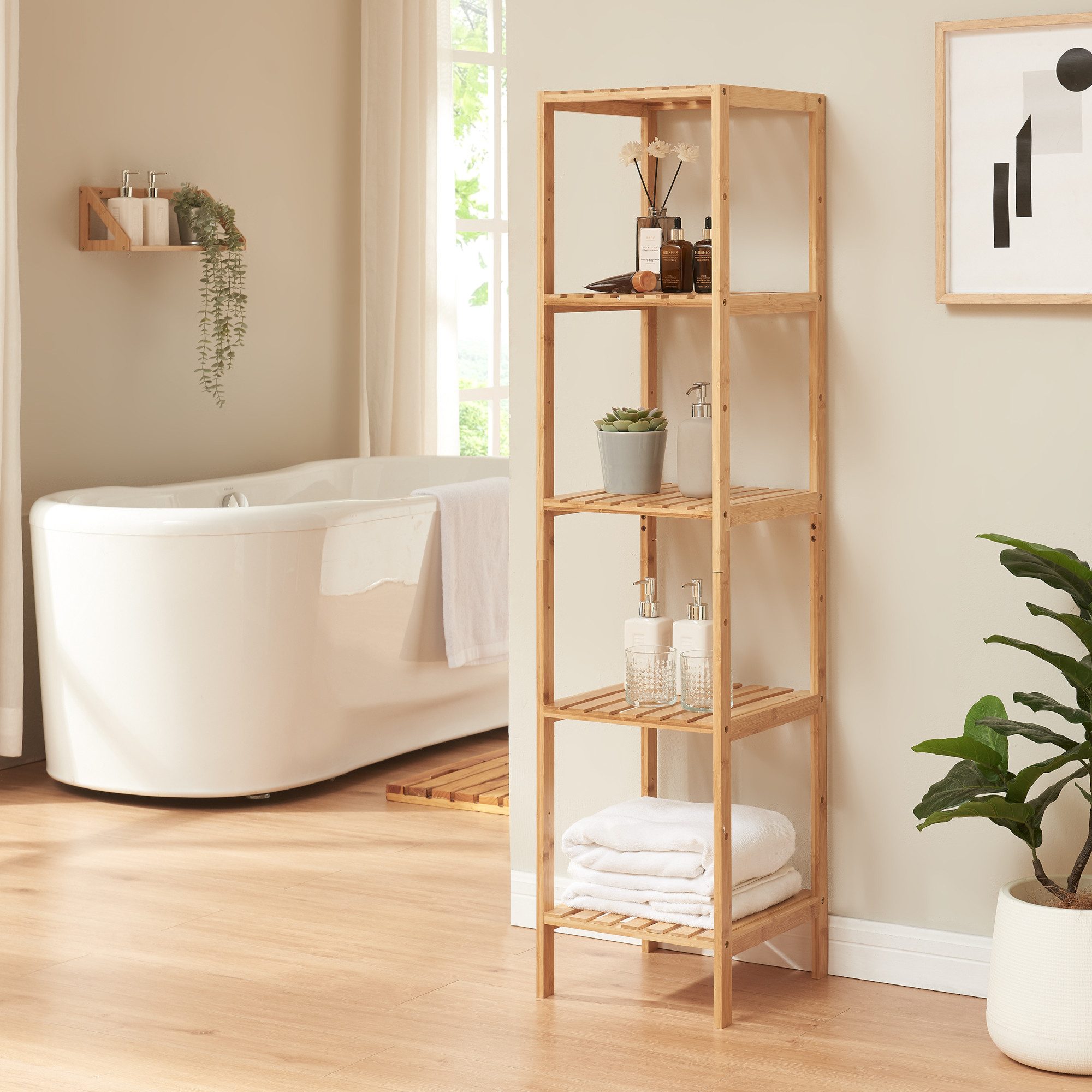 en.casa Standregal, »Lierne« Badregal 5 Ablagen 140x33x34 cm Bambus Natur günstig online kaufen