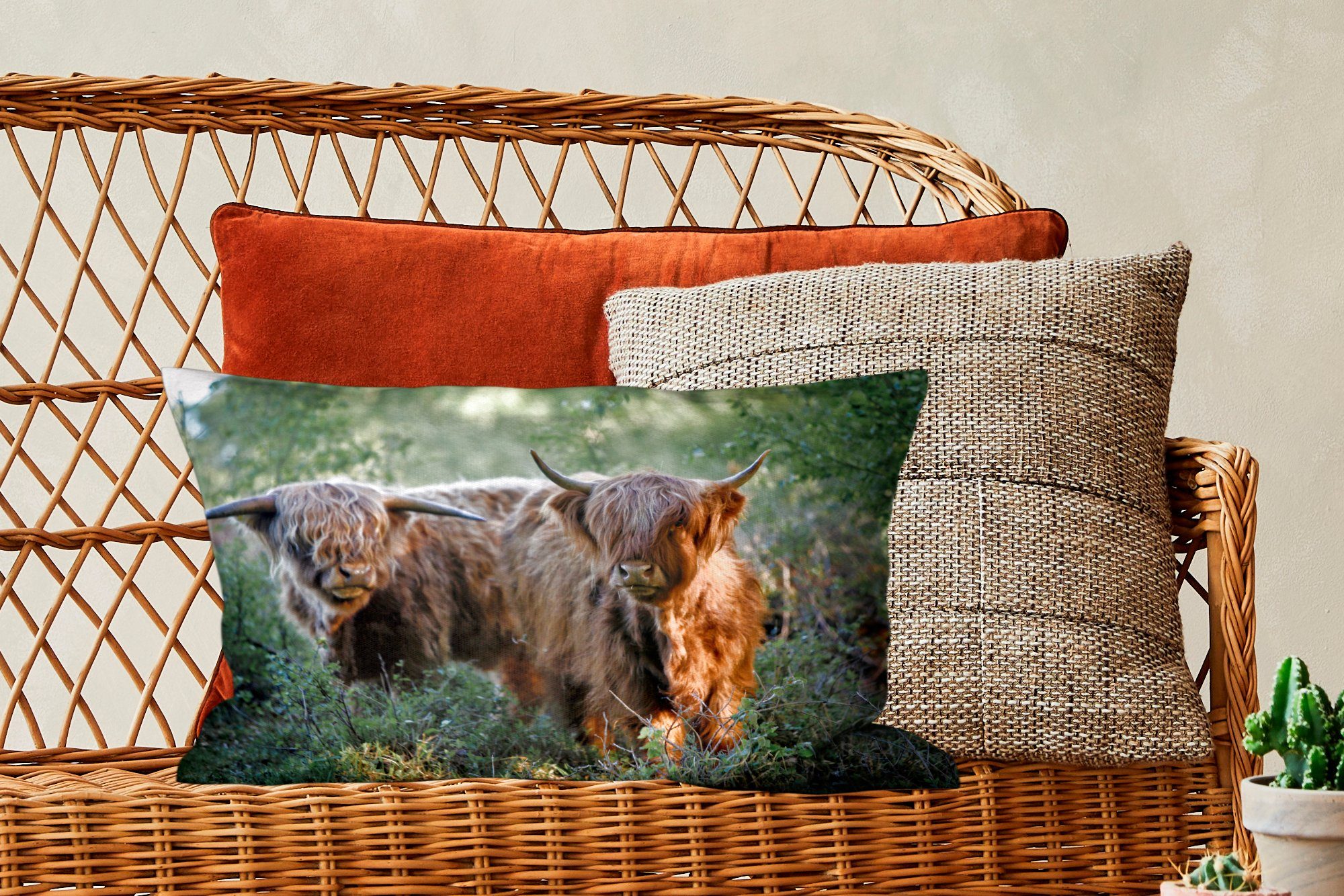 Dekokissen Schottische Schlafzimmer Wohzimmer - Highlander Dekoration, - Wald mit Tiere, Zierkissen, MuchoWow Dekokissen Füllung,