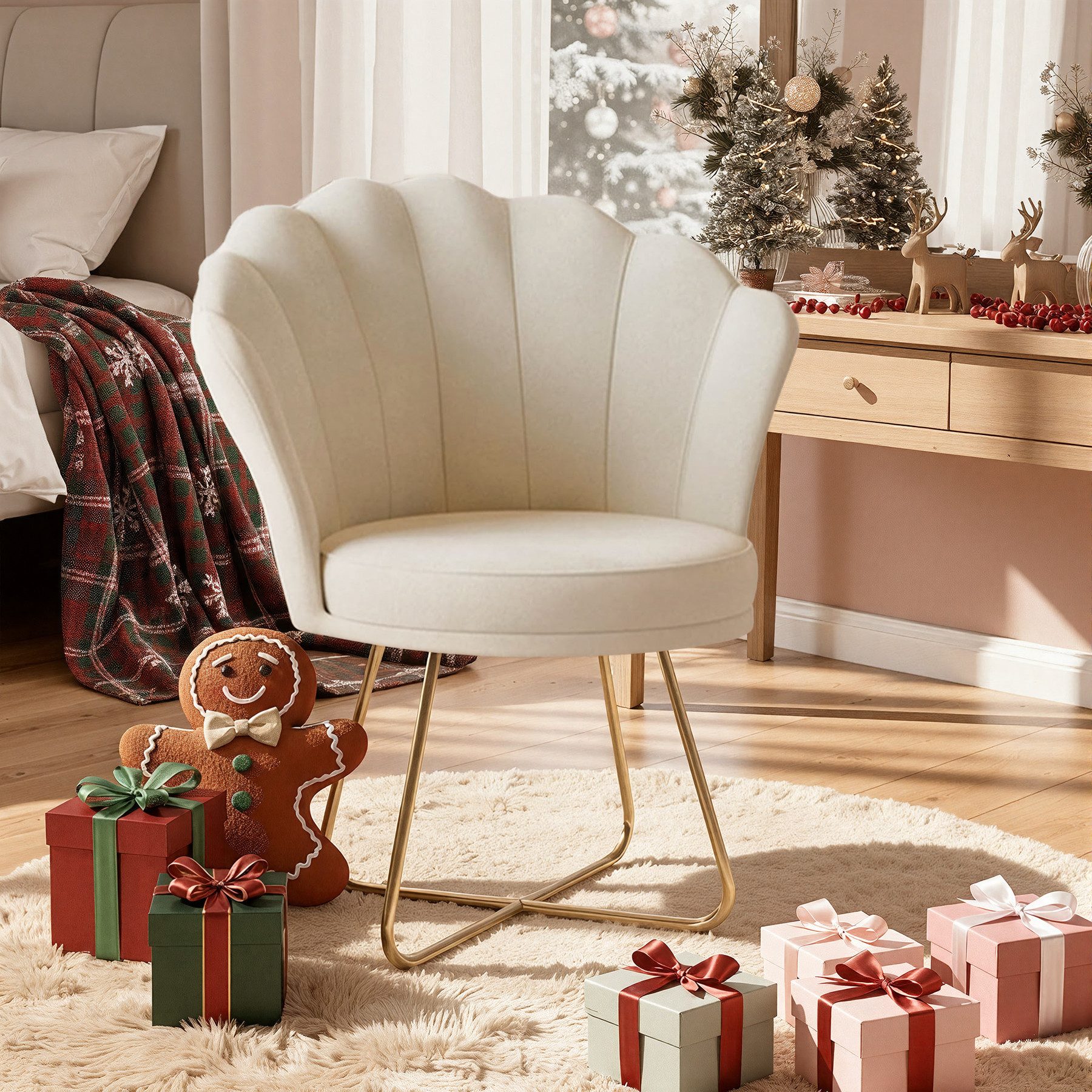 HawthyHome Polsterstuhl Polstersessel mit Blütenblatt-Rückenlehne & Goldene Metallbeine (1 St), ideal für Esszimmer & Schminktisch