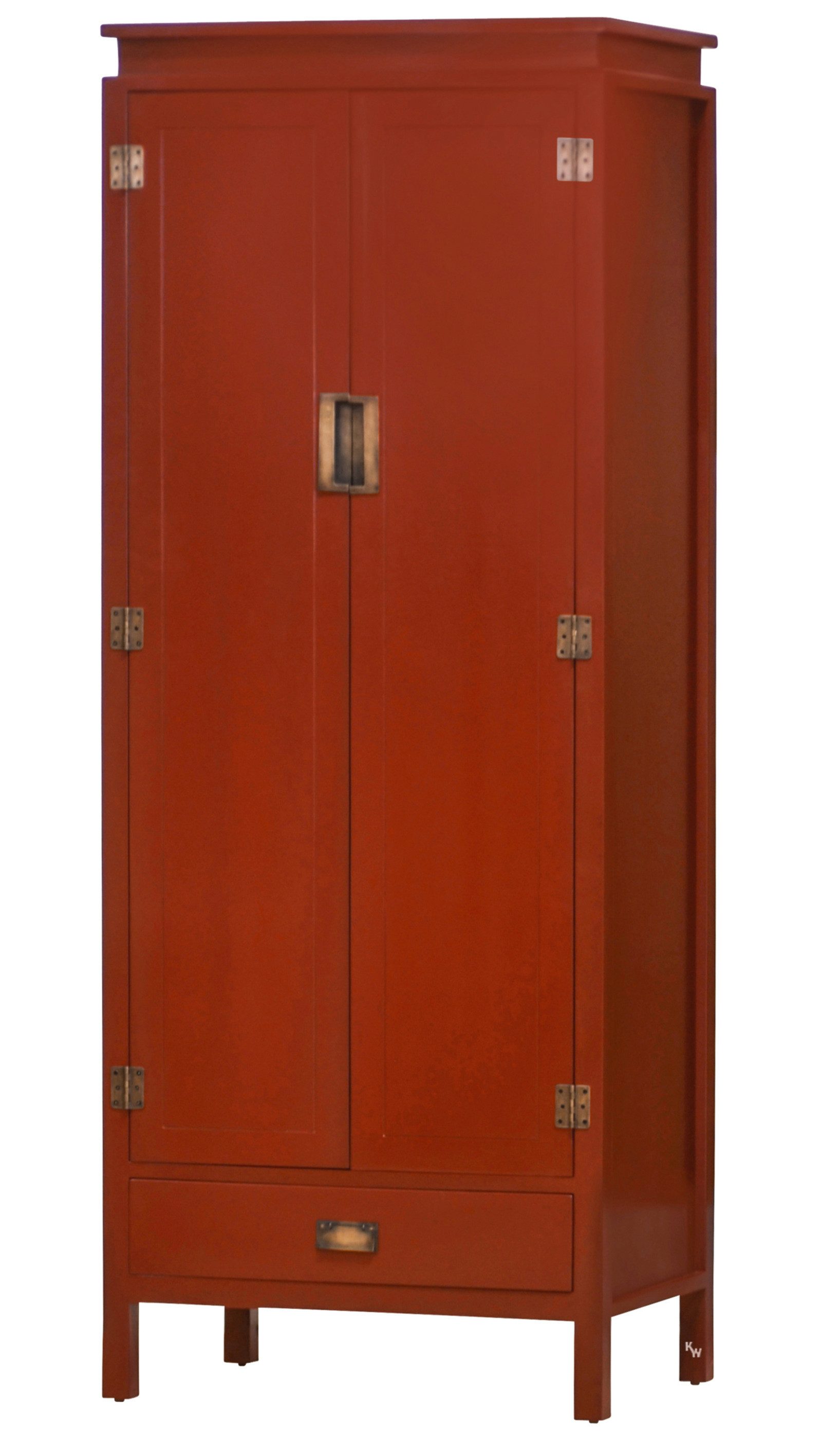 Kai Wiechmann Wäscheschrank Asiatischer Schrank rot, Kleiderschrank, Vorratsschrank (drei Regalböden, eine Schublade) 80x211x53 cm, zweitürig, Massivholz, Shabby Chic