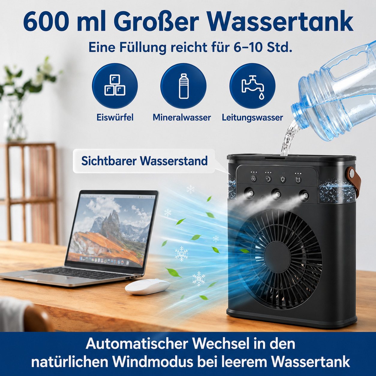 MOPUEA Ventilatorkombigerät Tragbarer Mini Luftkühler mit 600 ml Wassertank 2 Sprühmodi, 3 Geschwindigkeitsstufen 7 LED Farben Timer für Schlafzimmer und Büro