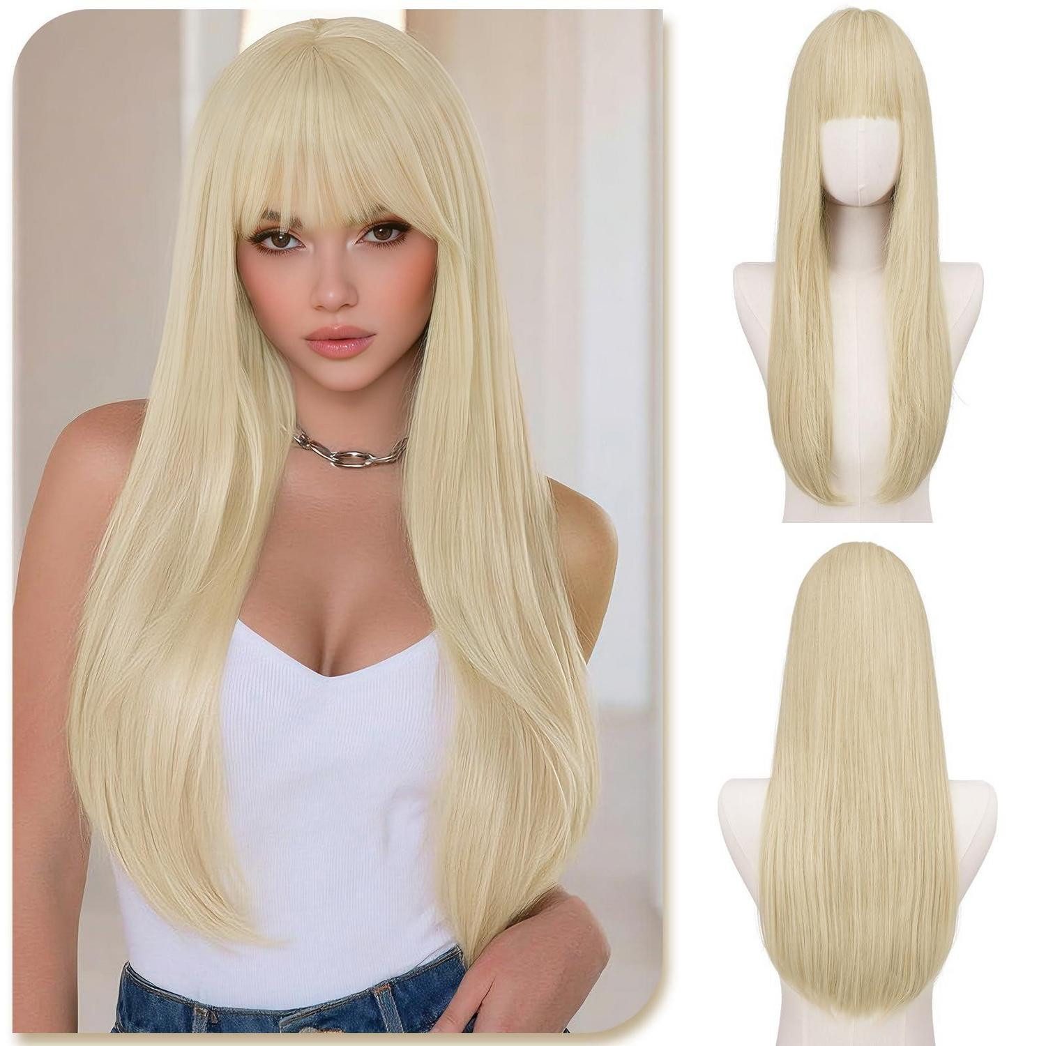 LuxusKollektion Kunsthaarperücke Perücke Damen Pony 60cm glatt Blond mit Weißgoldenen Strähnchen