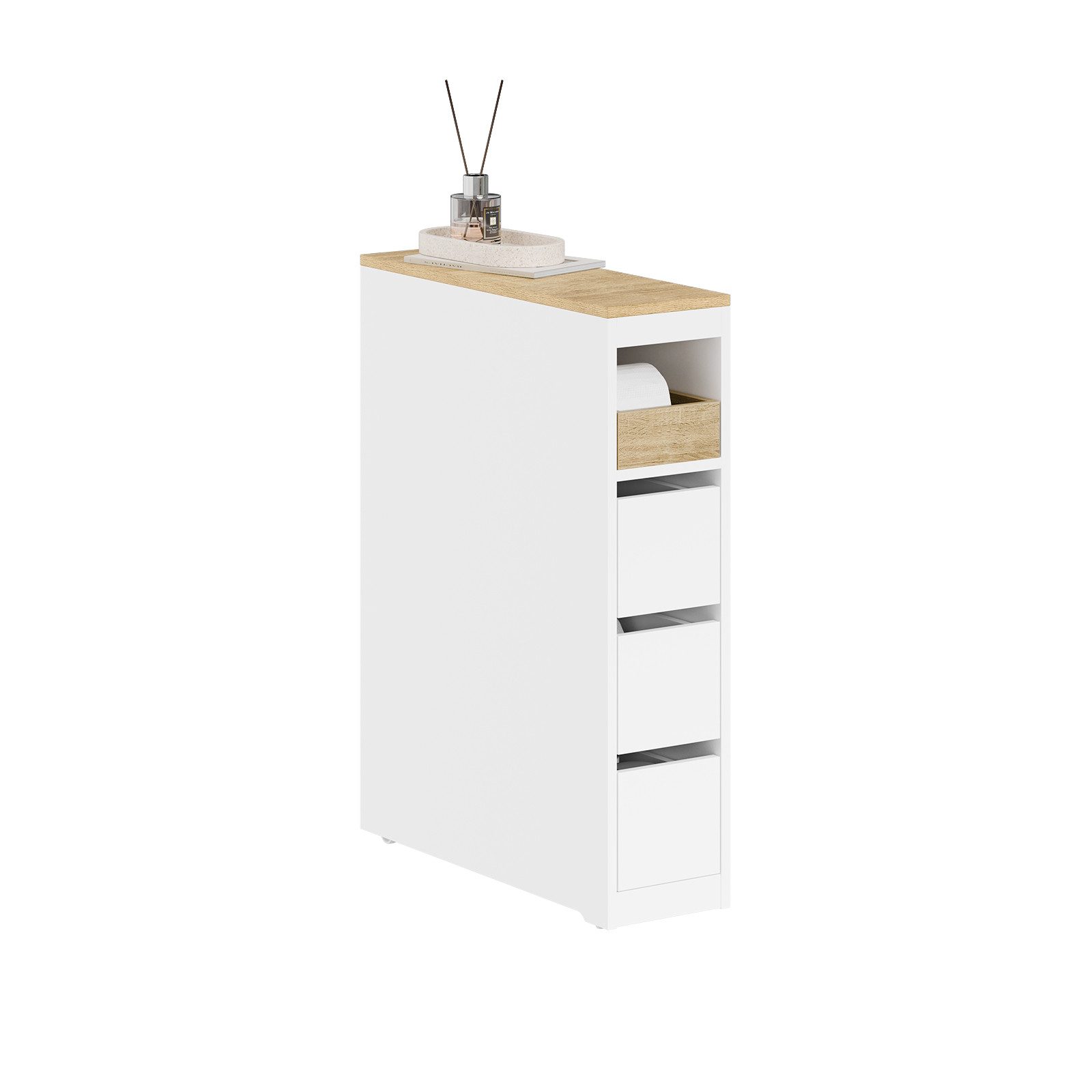 SoBuy Beistellwagen BZR54, Badezimmerschrank mit Rollen, Badschrank schmal, Kommode, Küchenwagen schmal Nischenwagen Badezimmerregal mit Rädern, ausziehbar