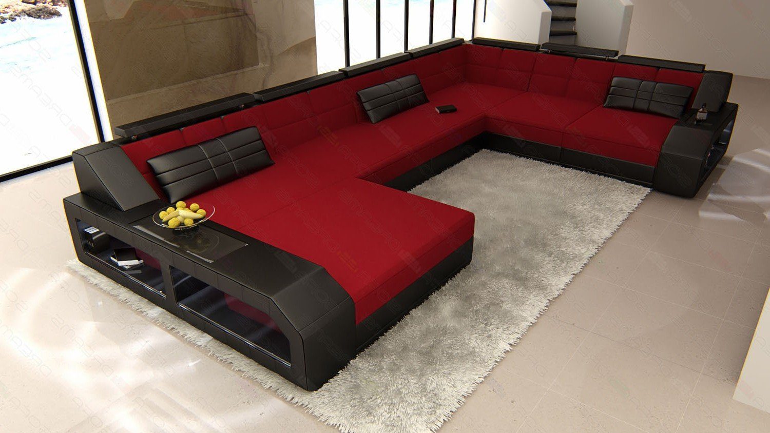 Sofa Dreams Wohnlandschaft Polster Sofa Stoff Matera XXL U Form Stoffsofa Couch, mit LED, wahlweise mit Bettfunktion als Schlafsofa, Designersofa C134 Rot-Schwarz