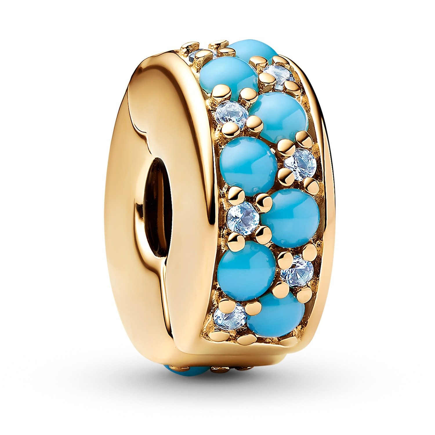 Pandora Kettenanhänger Clip-Charm Aquamarinblau Goldfarben