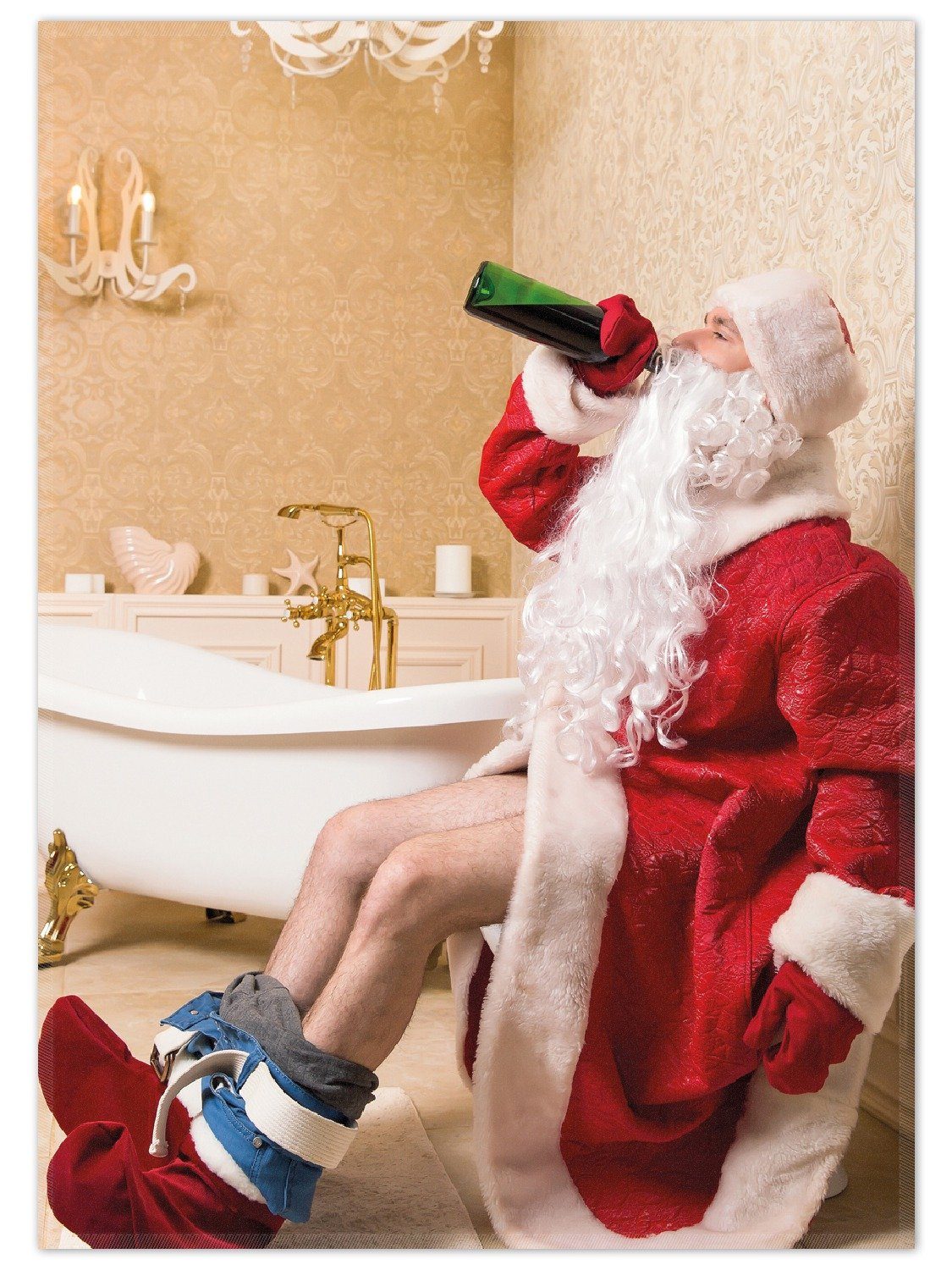 Wallario Teppich Betrunkener Weihnachtsmann mit Weinflasche auf dem Klo, rechteckig, rutschfest
