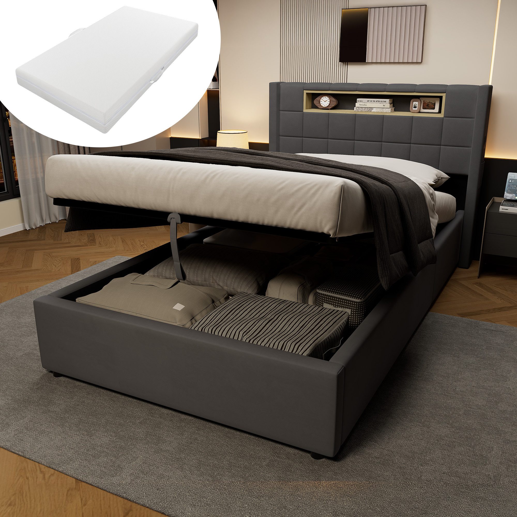 HAUSS SPOLE Polsterbett 90×200 Jugendbett in Grau mit Bettkasten,Stauraum und Matratze (Bettgestell Plattformbett mit Kopfteil und Hebefunktion, mit einer Matratze), Stauraumbett Kinderbett für Schlafzimmer,Gästezimmer