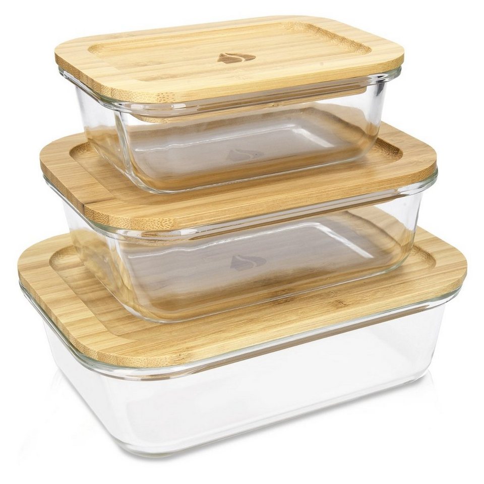 Navaris Lunchbox Glasbehälter Set mit Bambus Deckel - 3x Dose Behälter,  Glas, (3-tlg), gut als Lunchbox oder als Aufbewahrung für Lebensmittel