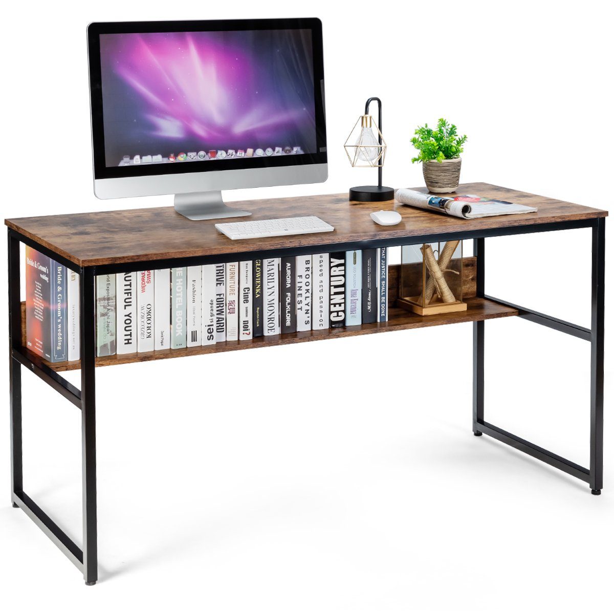 COSTWAY Schreibtisch, mit Ablagefläche, Metallstruktur, 140x60x76cm Braun
