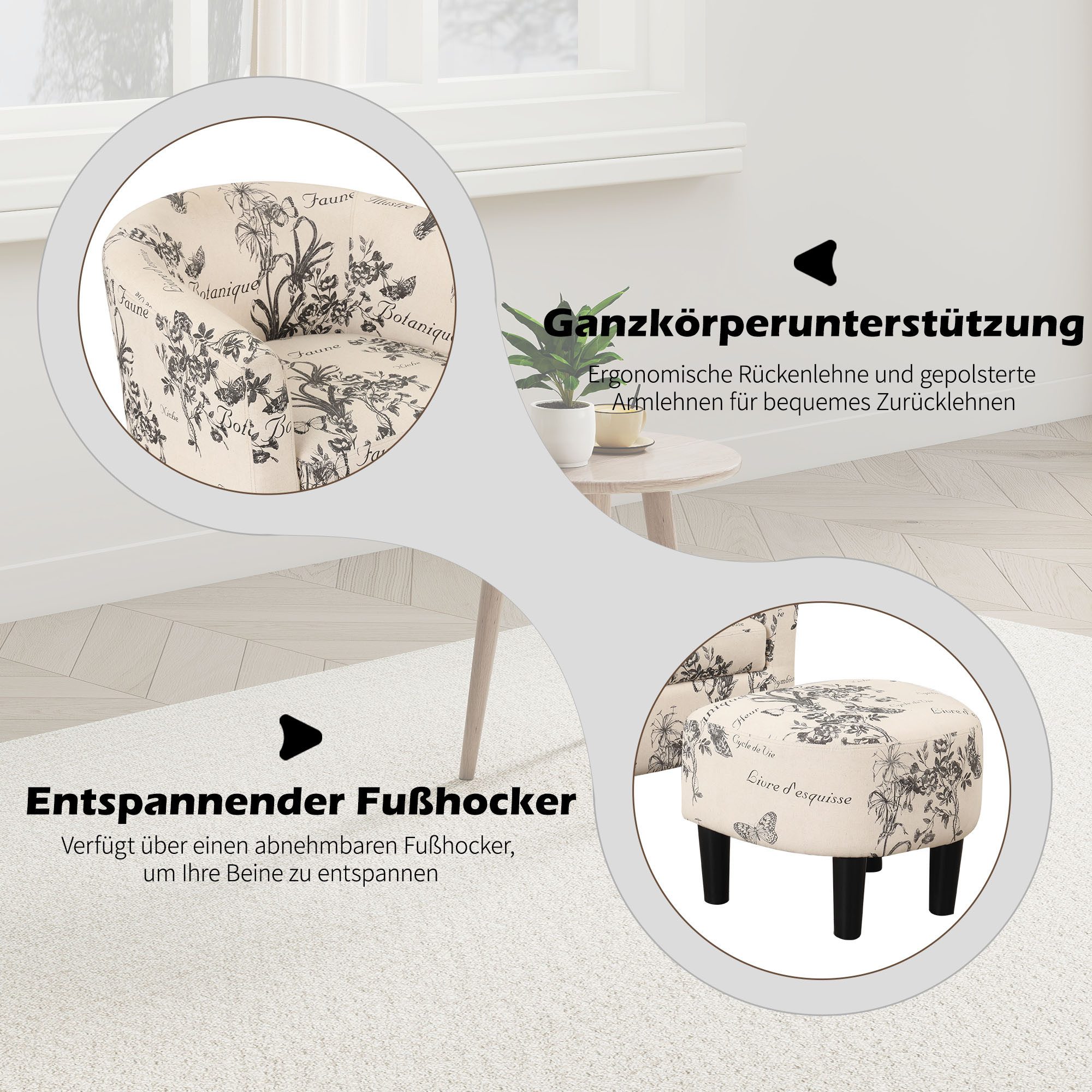 CANMOV Relaxsessel Akzentstuhl mit Hocker für Schlafzimmer, Wohnzimmer, Blumenmuster (1-St), Sessel mit hoher Federkraft und stabiler Rückenlehne – Bild 4 von 5